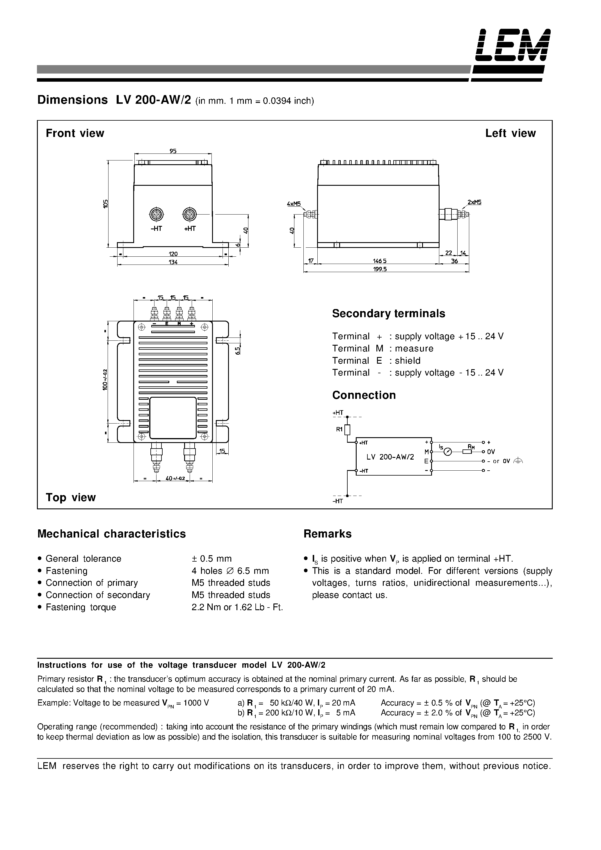 Datasheet LV200-AW - Voltage Transducer LV 200-AW/2 page 2
