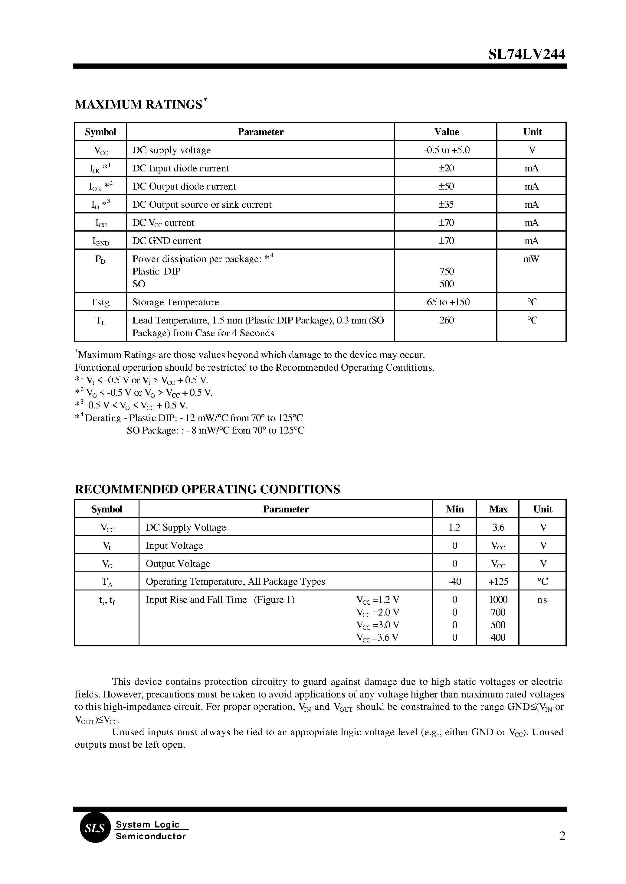 Datasheet LV244 - OCTAL BUFFER/LINE DRIVE; 3-STATE page 2