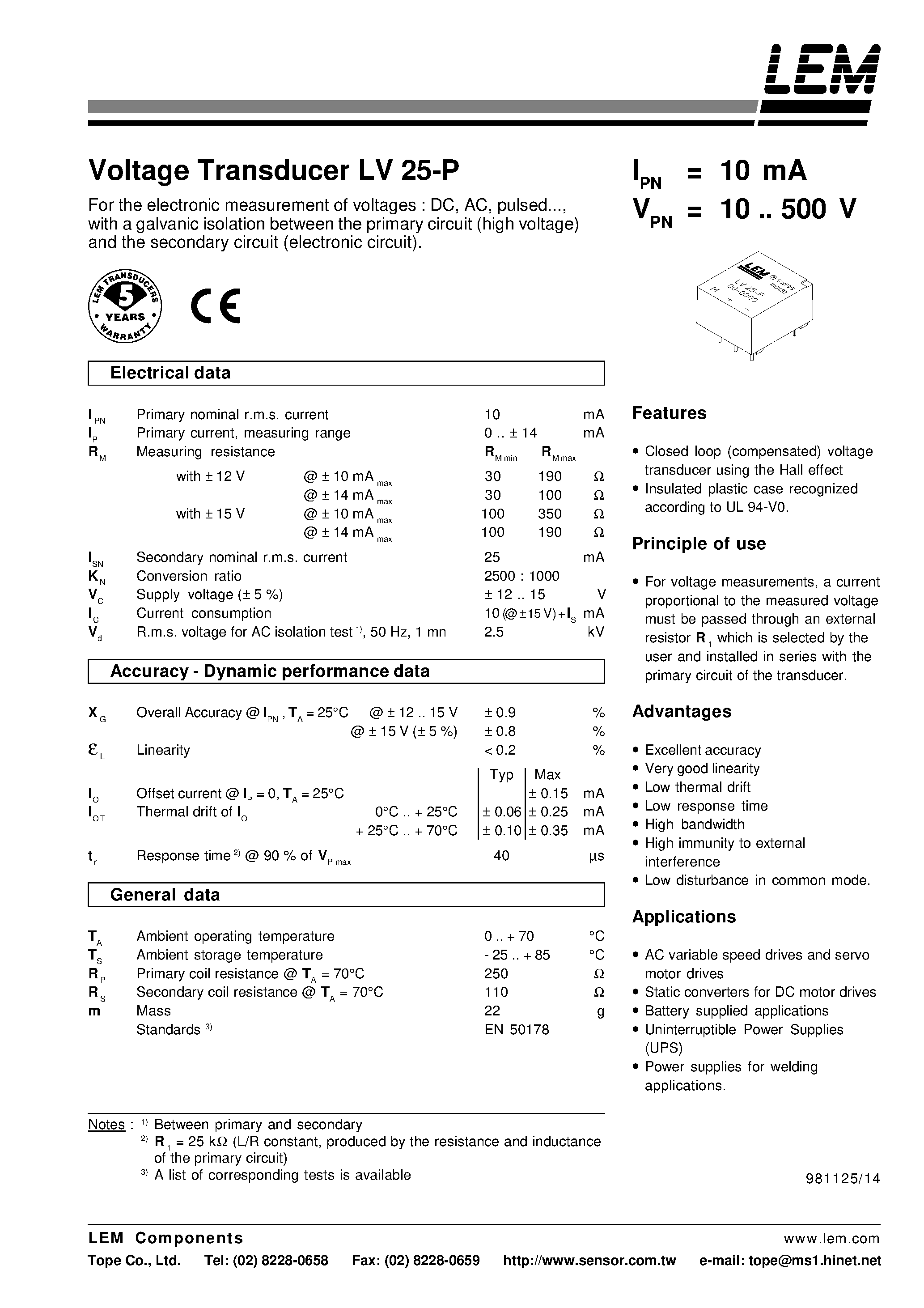 Datasheet LV25-P page 1 Datasheet LV25-P - VOLTAGE TRANSDUCER LV 25-P page 1