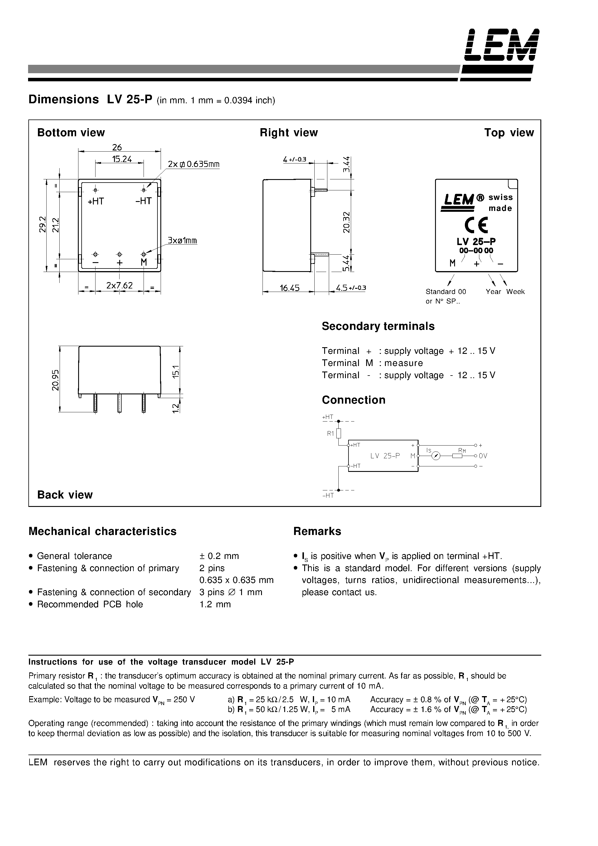 Datasheet LV25-P page 2 Datasheet LV25-P - VOLTAGE TRANSDUCER LV 25-P page 2