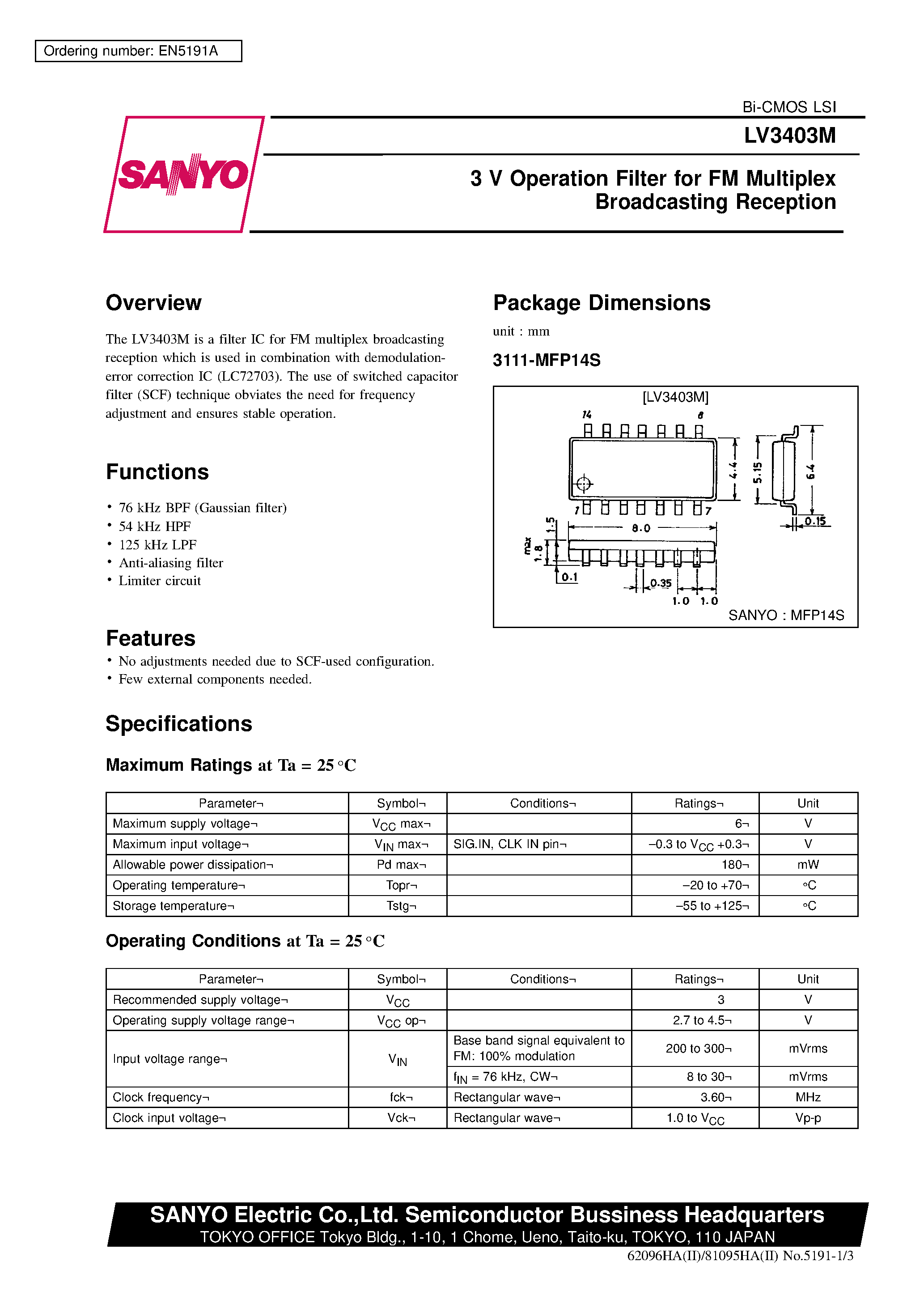 Datasheet LV3403M - 3 V Operation Filter for FM Multiplex Broadcasting Reception page 1