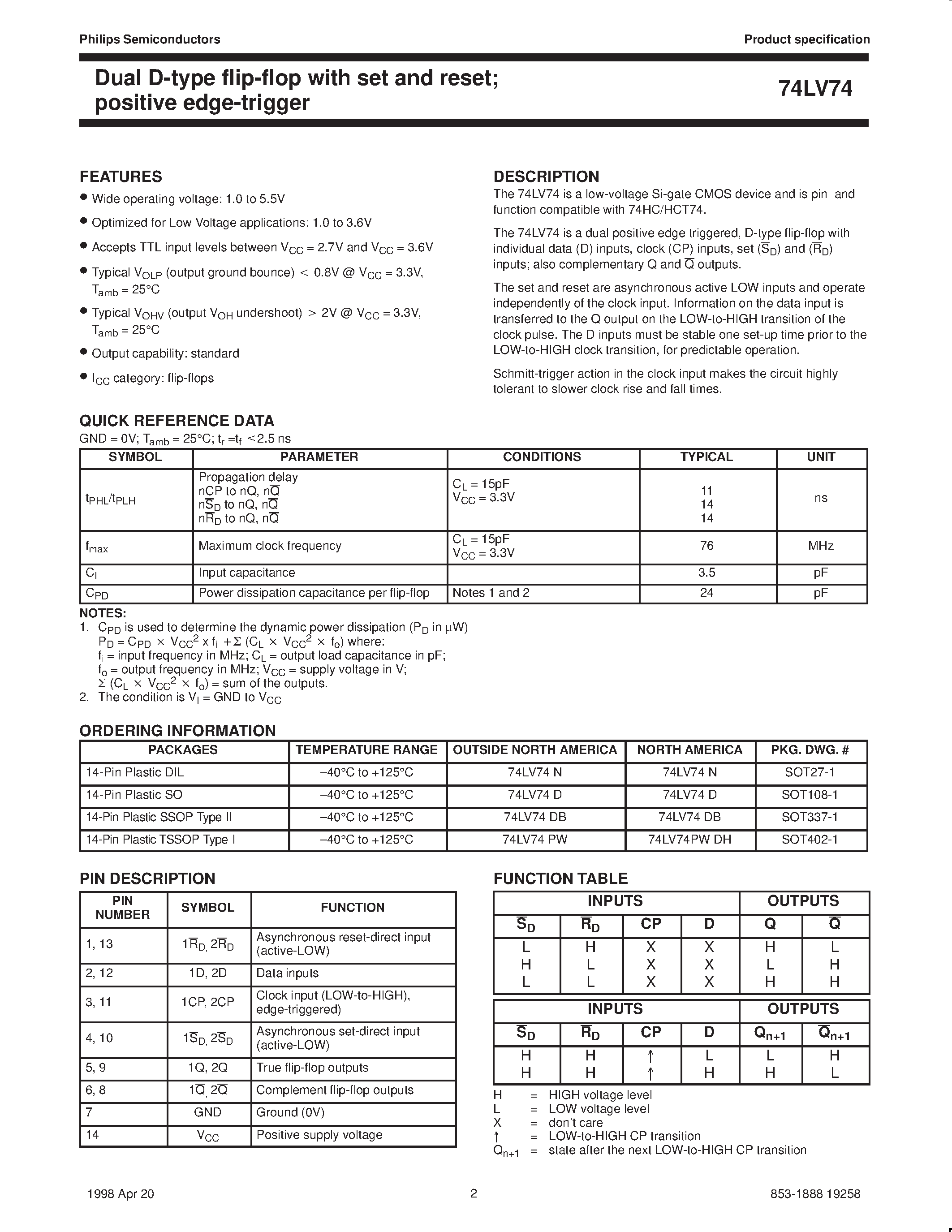 Даташит LV74 - Dual D-type flip-flop with set and reset; positive-edge trigger страница 2