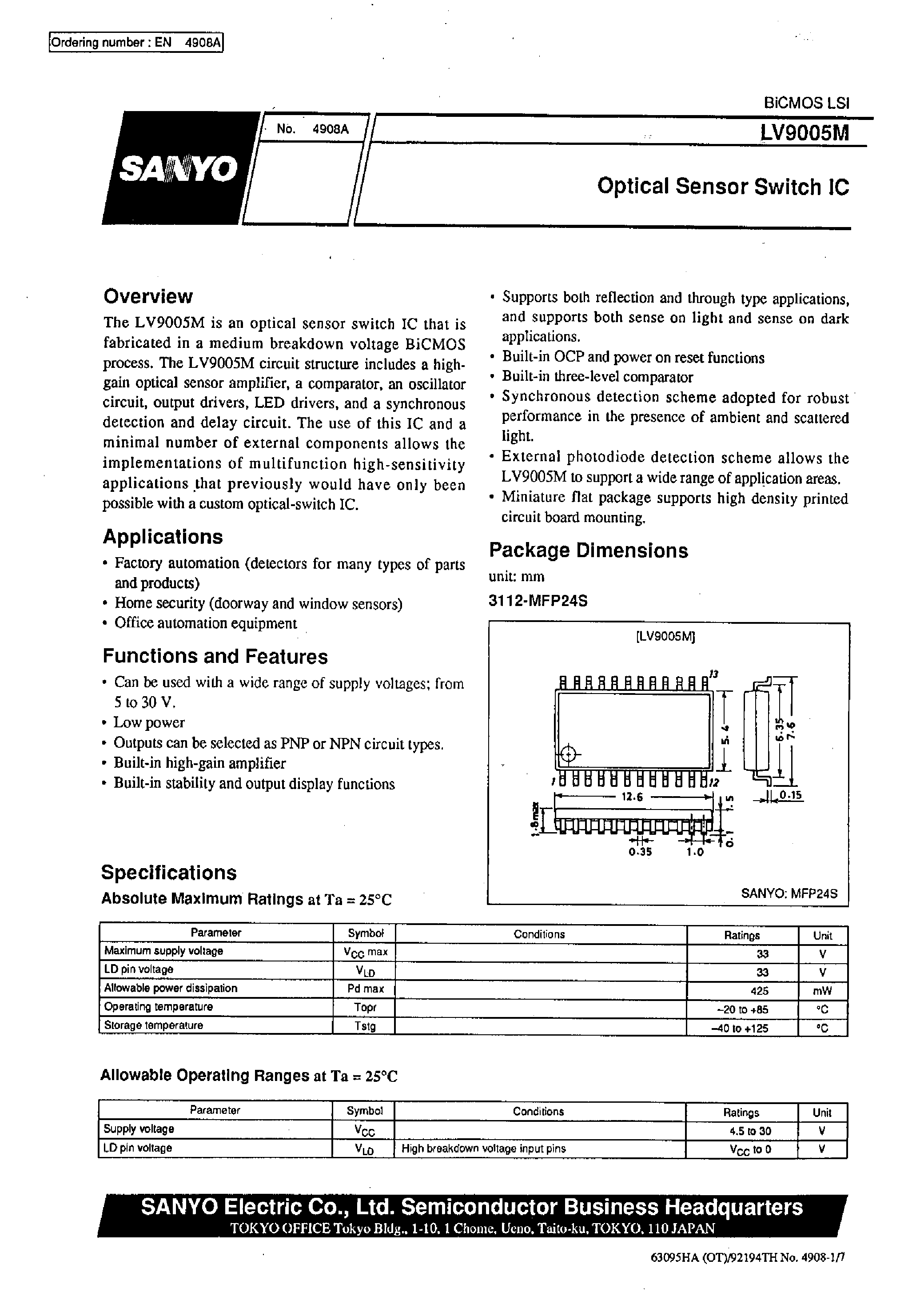 Datasheet LV9005M page 1 Datasheet LV9005M - Optical Sensor Switch IC page 1