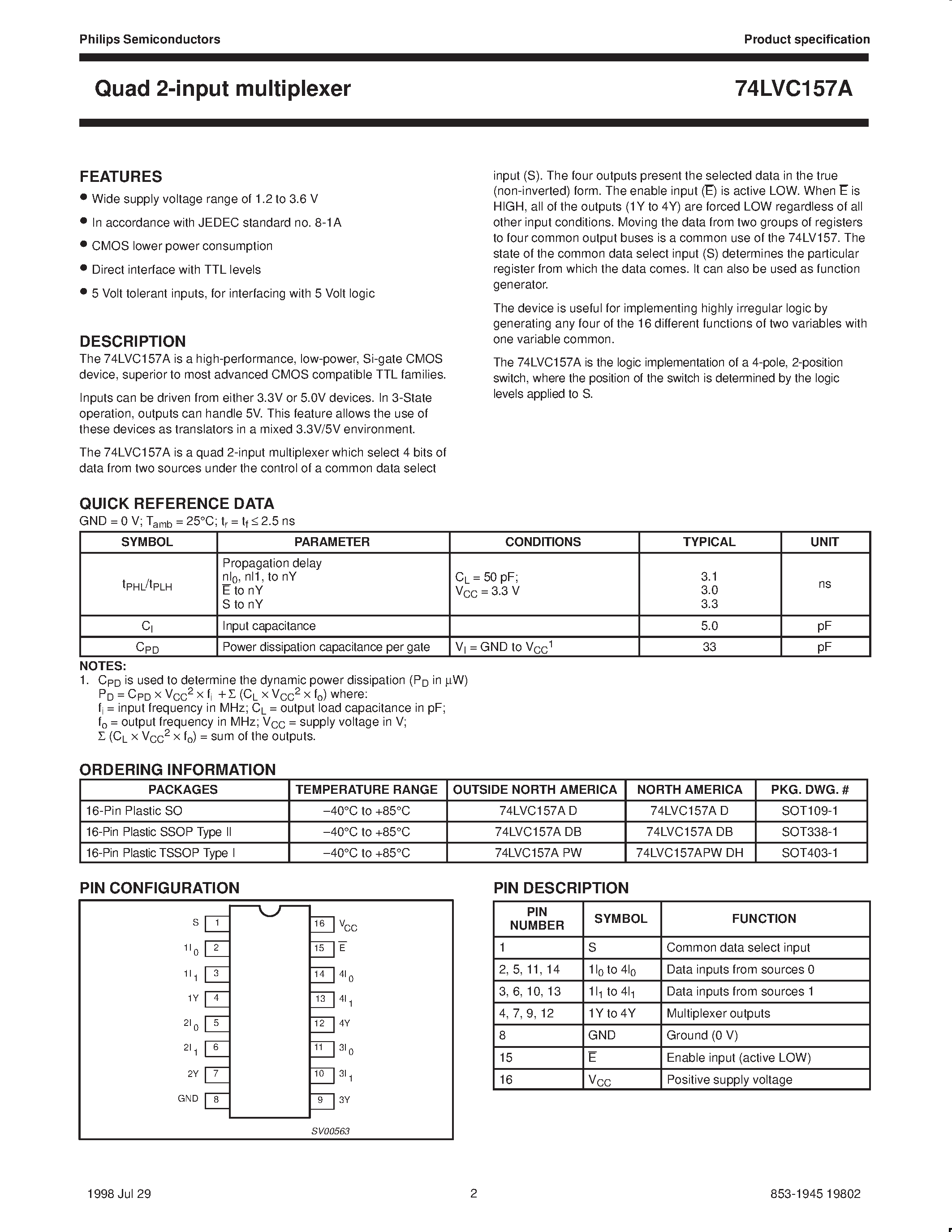 Даташит LVC157A - Quad 2-input multiplexer страница 2