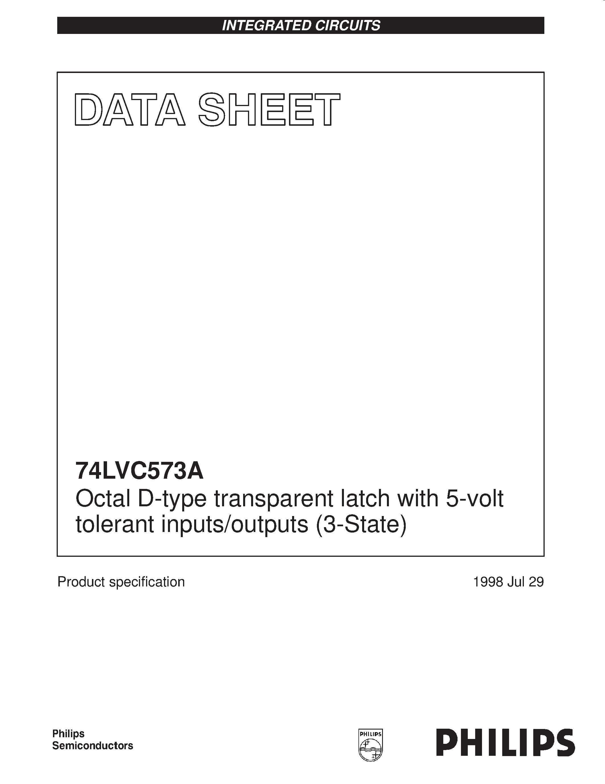 Даташит на микросхему LVC573A страница 1 Даташит LVC573A - Octal D-type transparent latch with 5-volt tolerant inputs/outputs 3-State страница 1