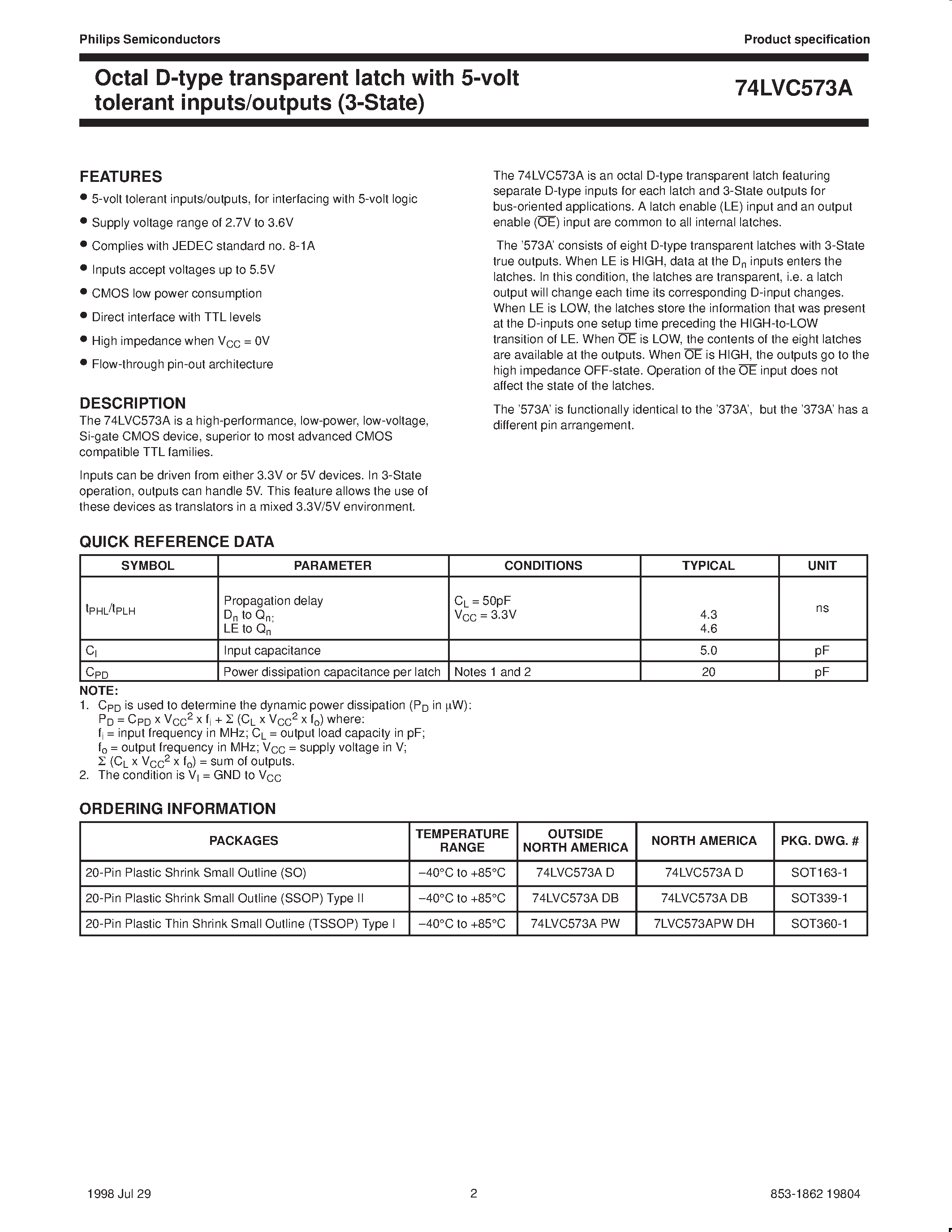 Даташит на микросхему LVC573A страница 2 Даташит LVC573A - Octal D-type transparent latch with 5-volt tolerant inputs/outputs 3-State страница 2