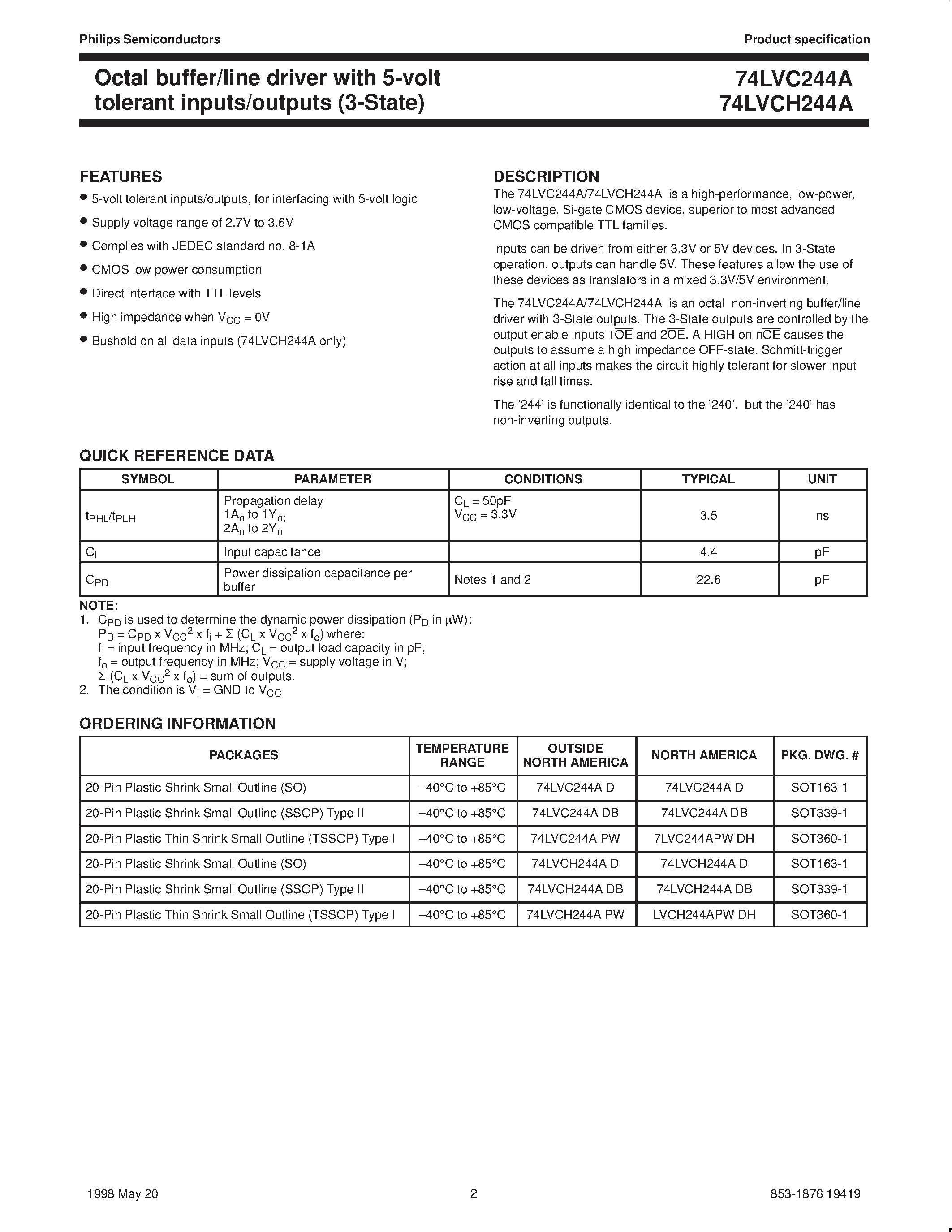 Datasheet LVCH244APWDH - Octal buffer/line driver with 5-volt tolerant inputs/outputs 3-Statetitle page 2