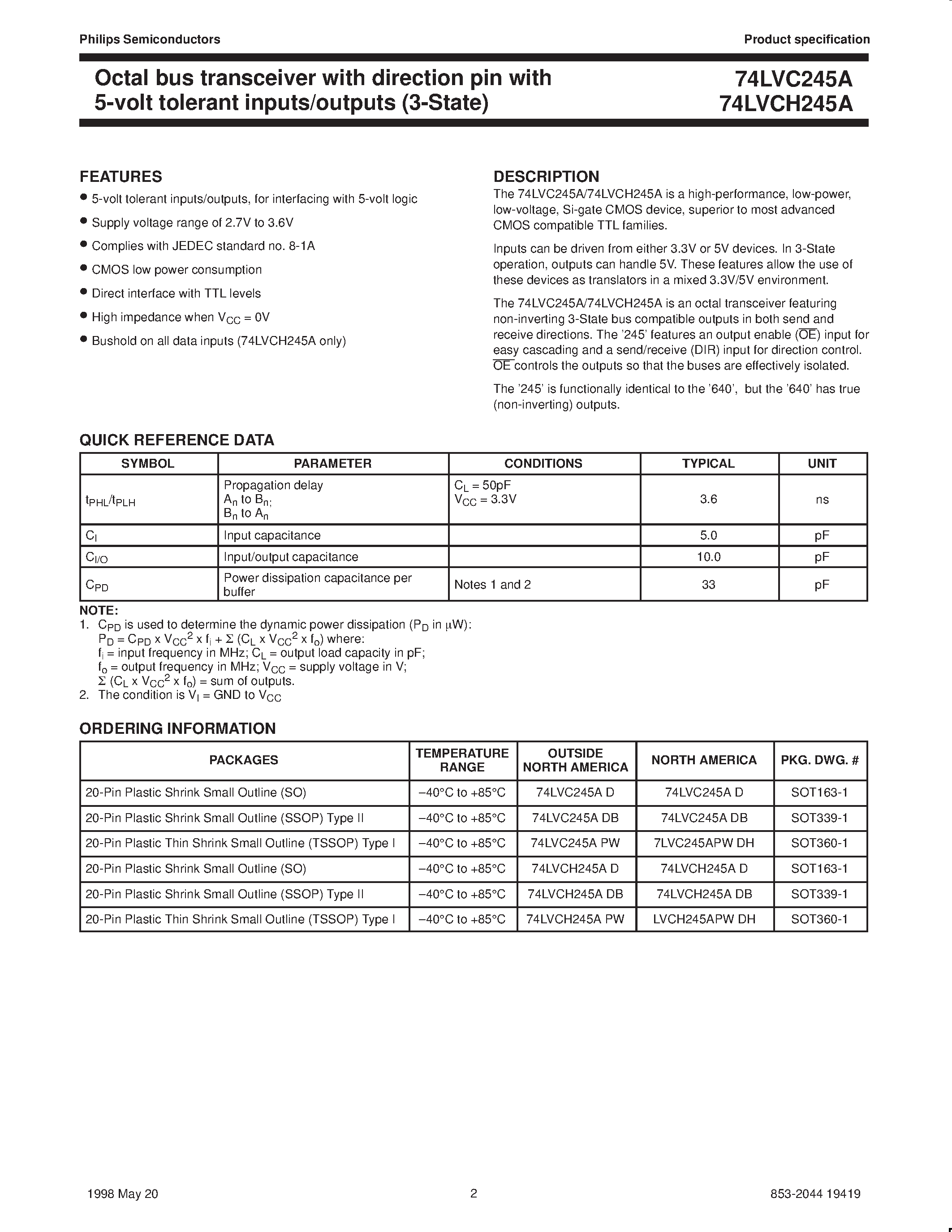 Datasheet LVCH245APWDH - Octal bus transceiver with direction pin with 5-volt tolerant inputs/outputs 3-State page 2