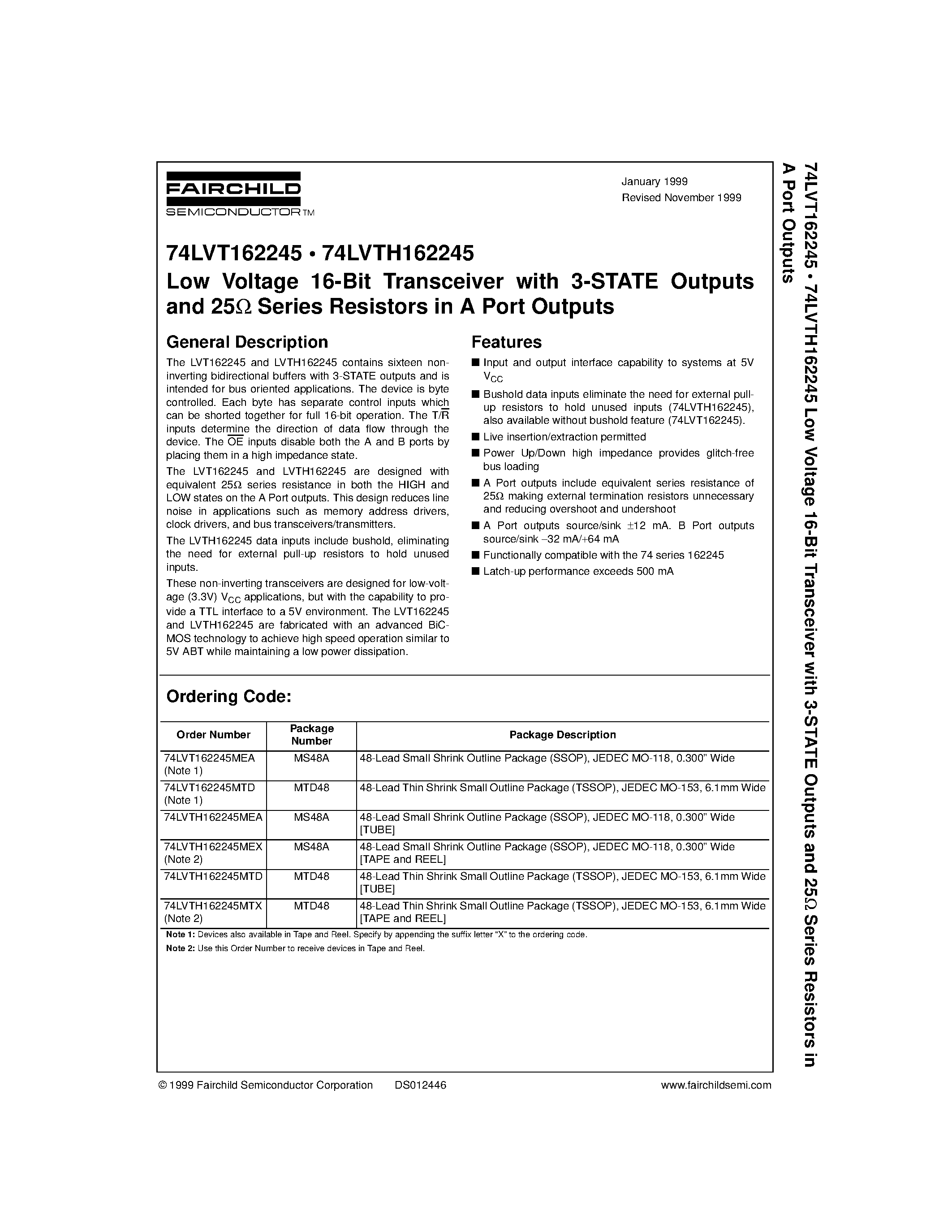 Datasheet LVT162245 - Low Voltage 16-Bit Transceiver with 3-STATE Outputs and 25 Series Resistors in A Port Outputs page 1