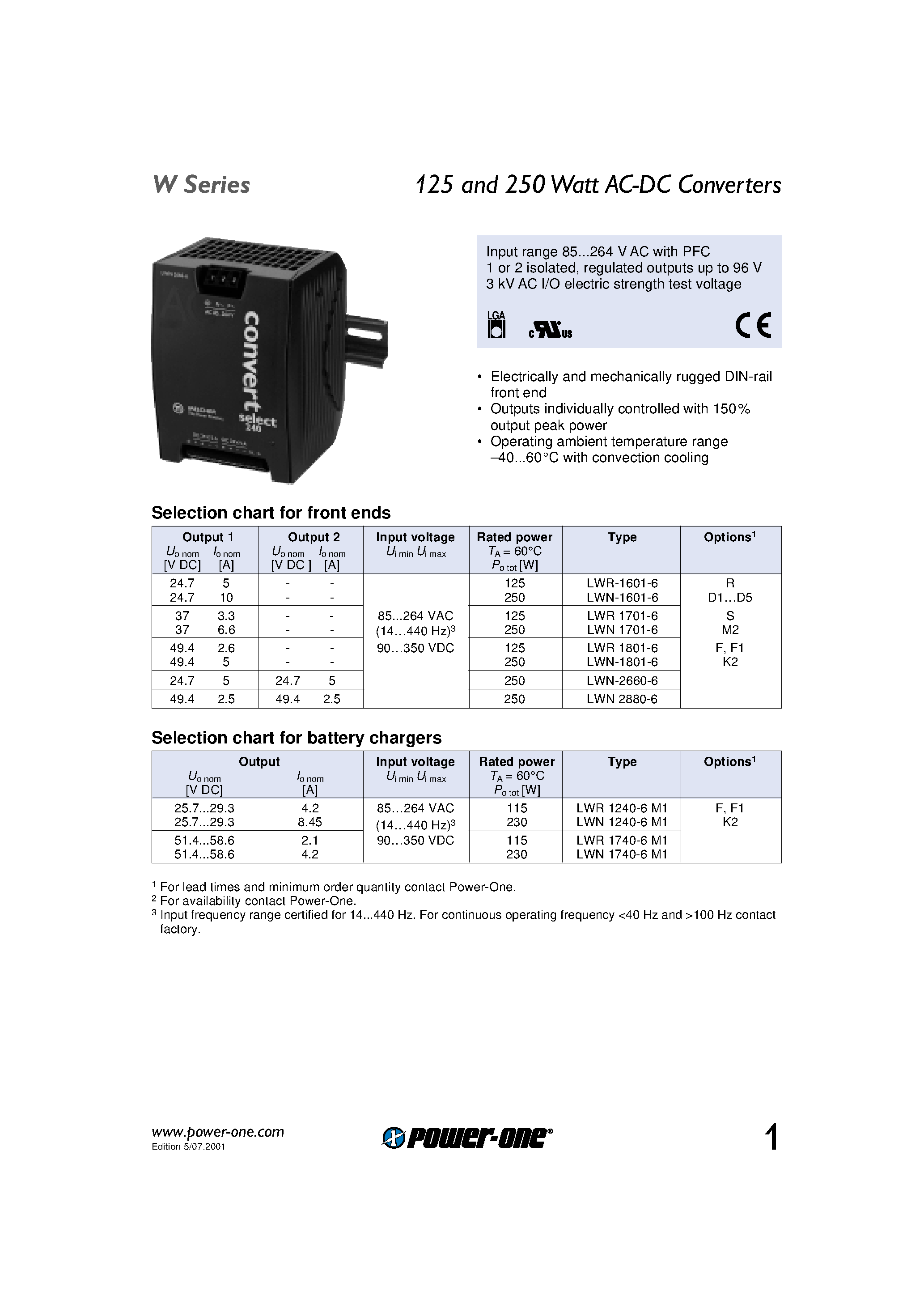 Datasheet LWN1701-6 page 1 Datasheet LWN1701-6 - 125 and 250 Watt AC-DC Converters page 1