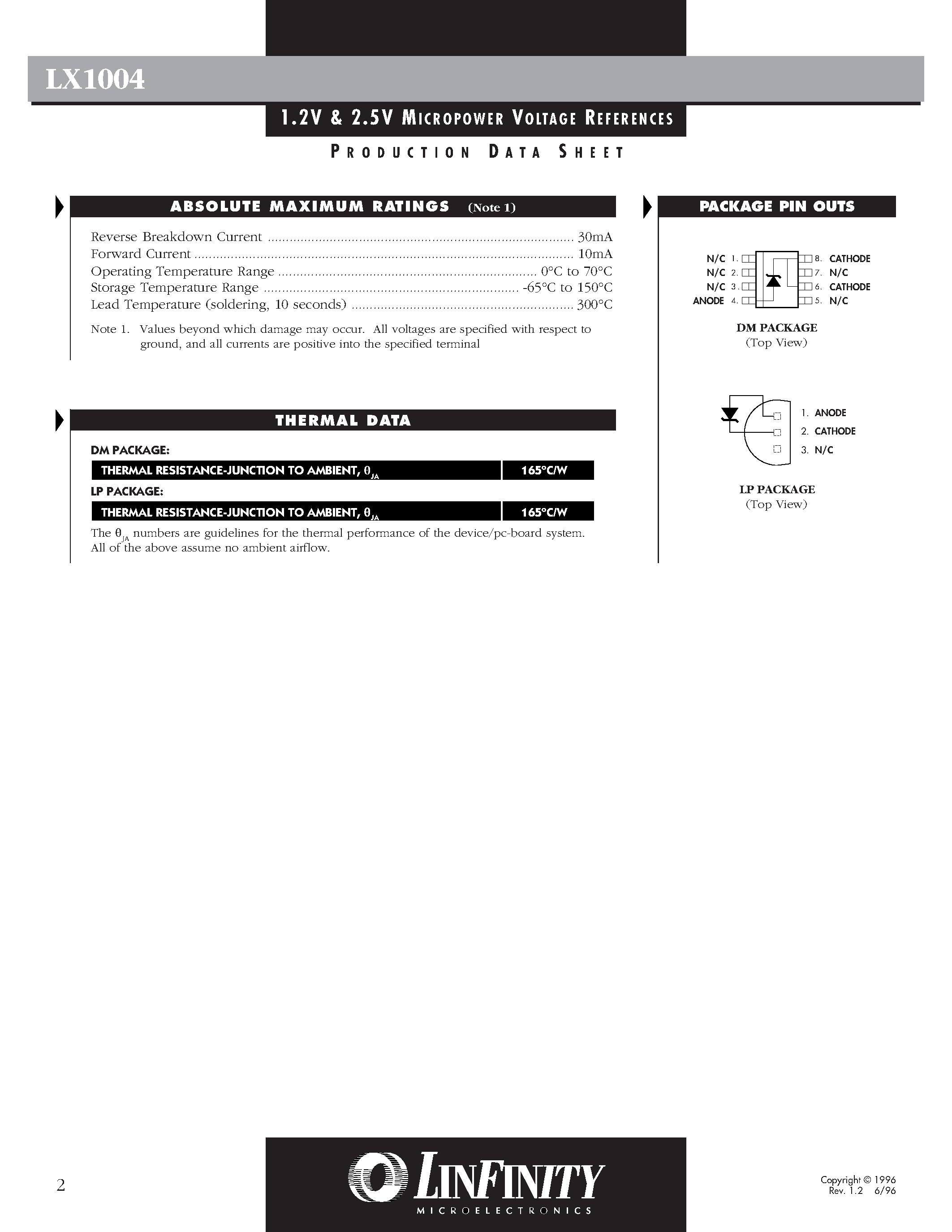 Даташит LX1004 - 1.2V & 2.5V MICROPOWER VOLTAGE REFERENCES страница 2