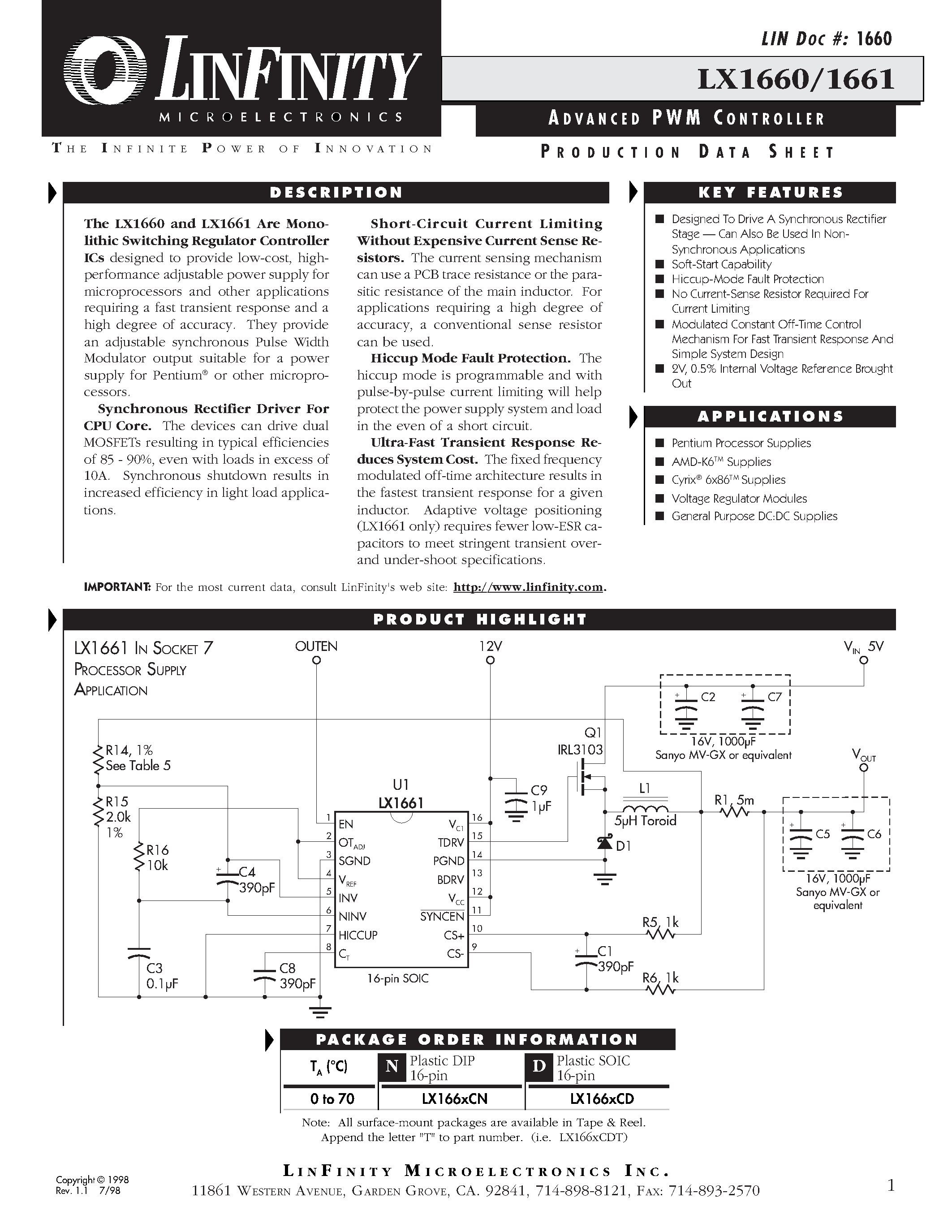 Datasheet LX1660 - ADVANCED PWM CONTROLLER page 1