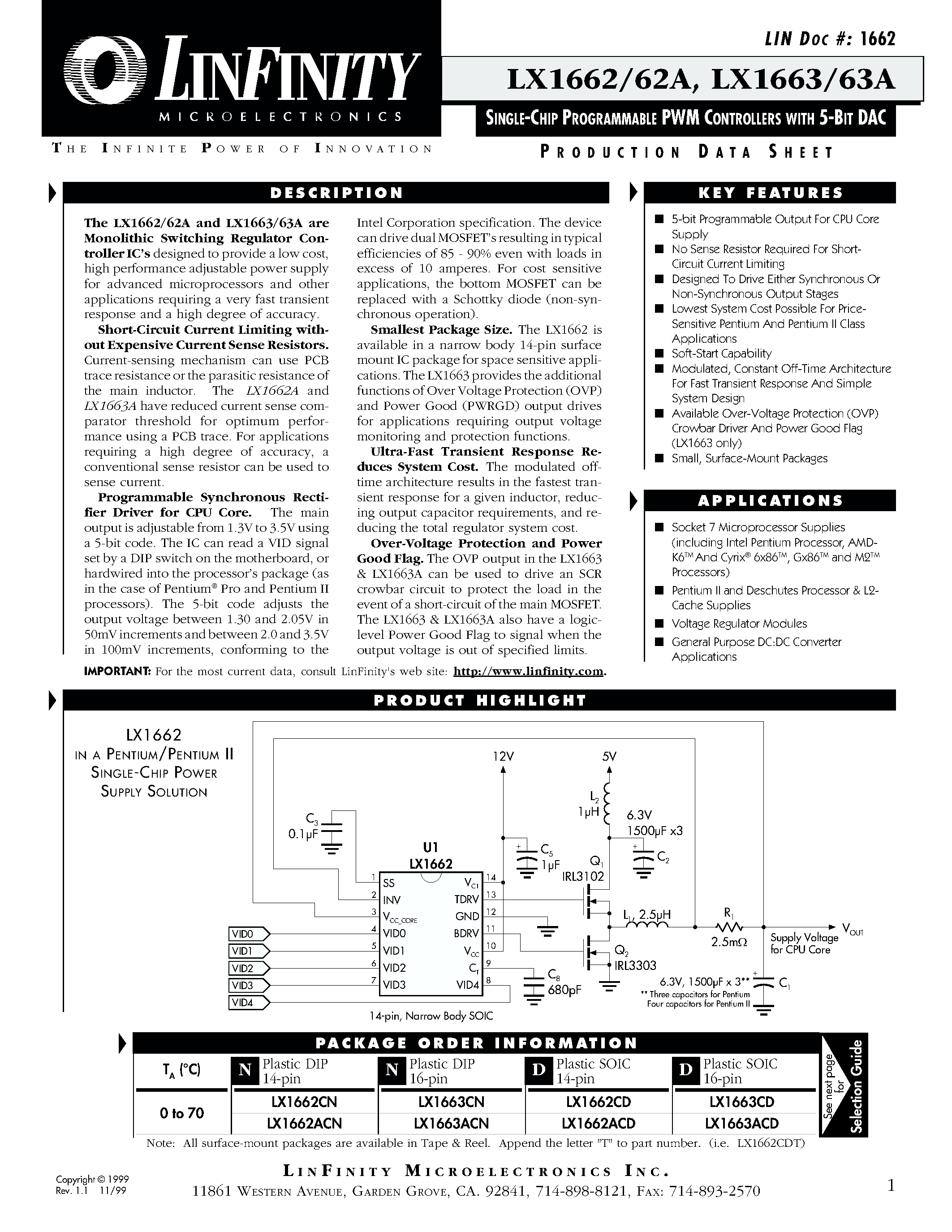 Datasheet LX1663ACN - SINGLE-CHIP PROGRAMMABLE PWM CONTROLLERS WITH 5-BIT DAC page 1