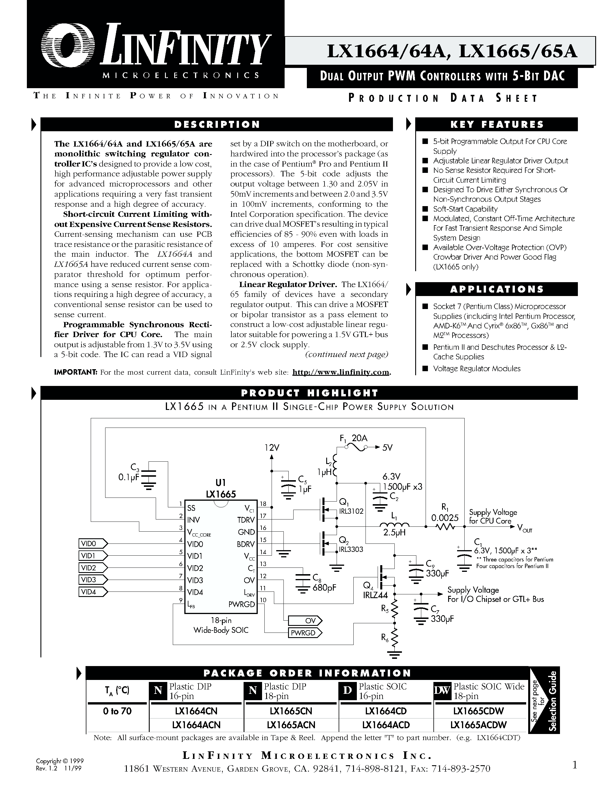 Datasheet LX1665 - DUAL OUTPUT PWM CONTROLLERS WITH 5-BIT DAC page 1