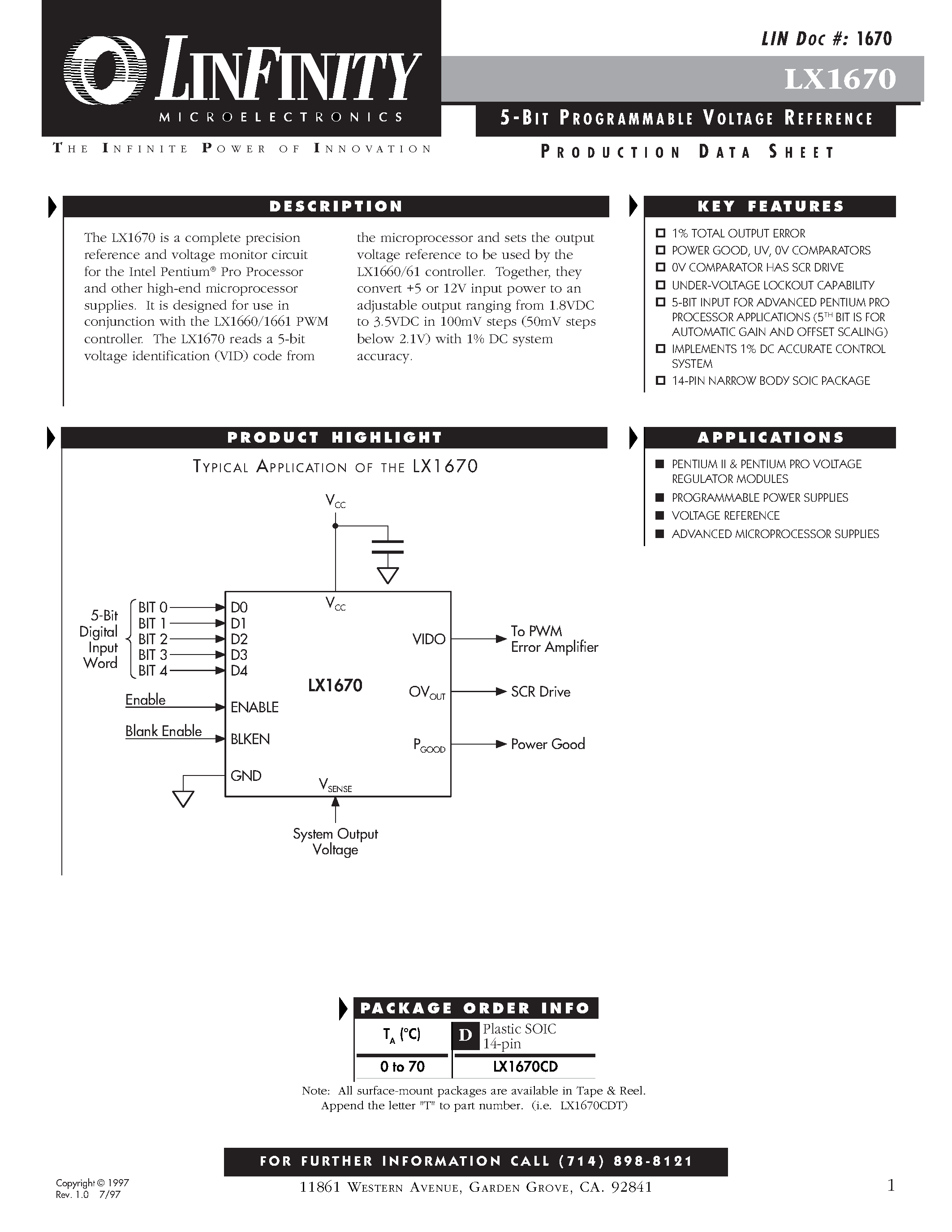 Datasheet LX1670 page 1 Datasheet LX1670 - 5 - BIT PROGRAMMABLE VOTAGE REFERENCE page 1