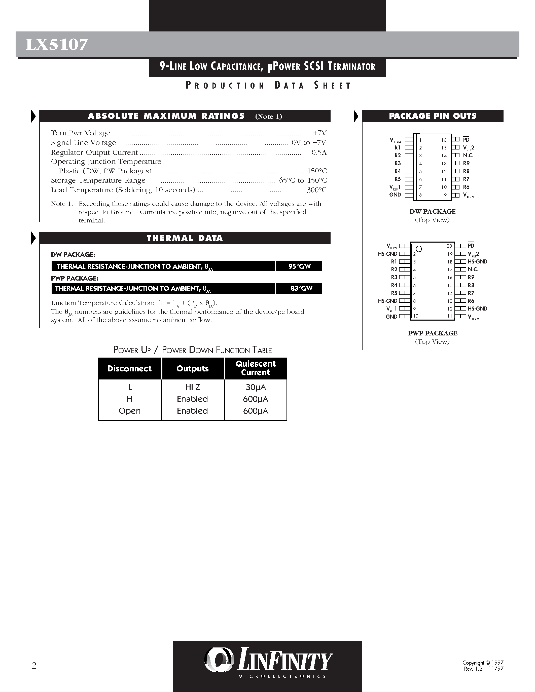 Datasheet LX5107CDW - 9-LINE LOW CAPACITANCE/ POWER SCSI TERMINATOR page 2