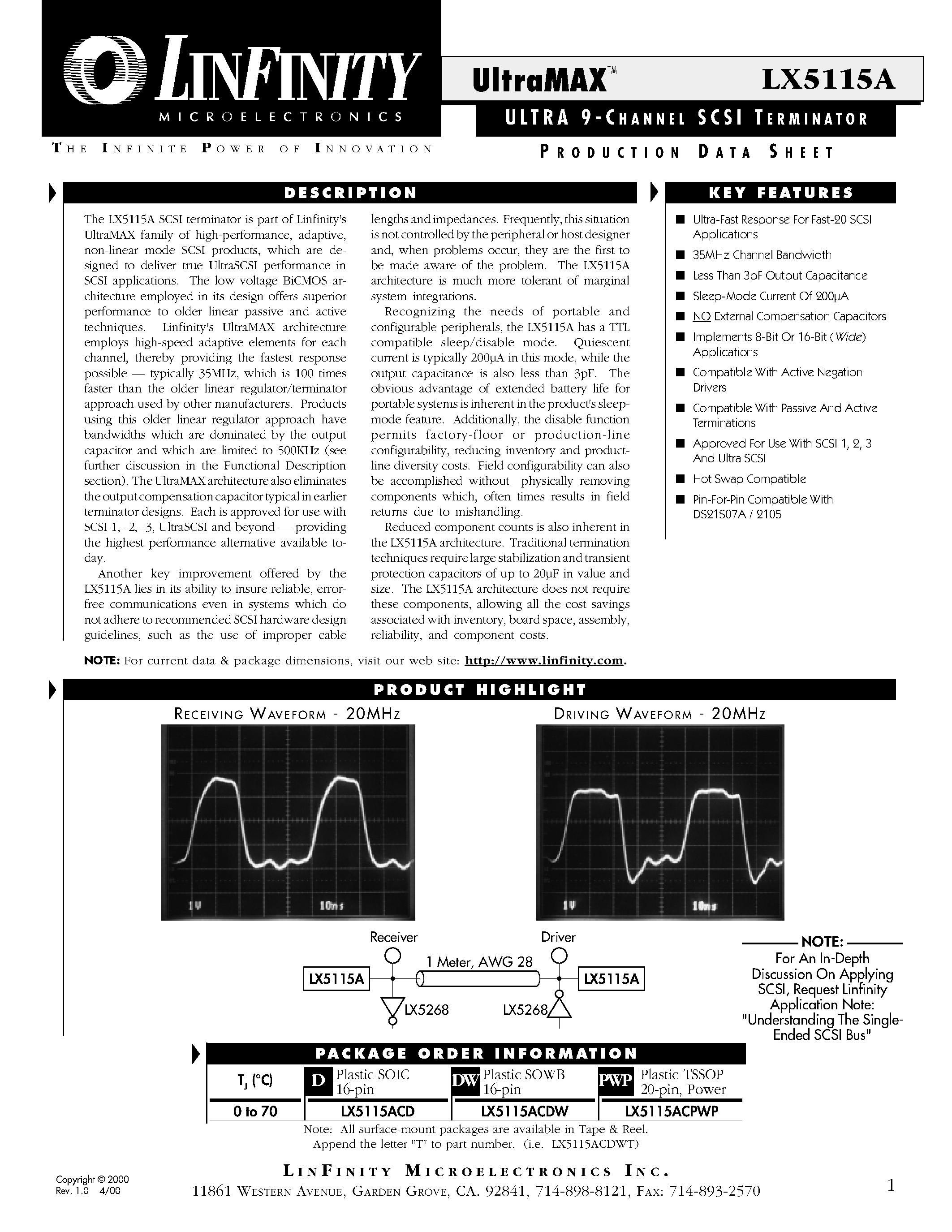 Datasheet LX5115ACPWP - ULTRA 9 - CHANNEL SCSI TERMINATOR page 1