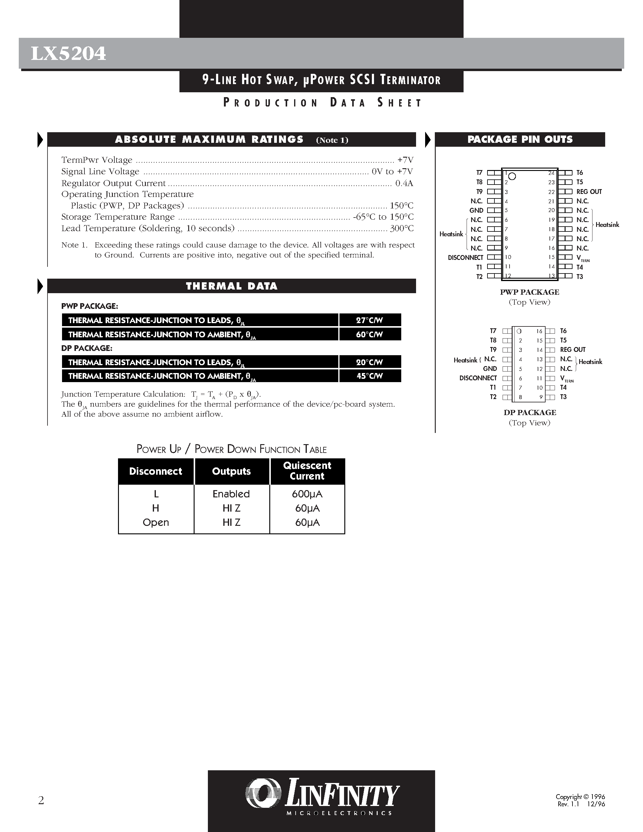 Datasheet LX5204 - 9-LINE HOT SWAP/ POWER SCSI TERMINATOR page 2