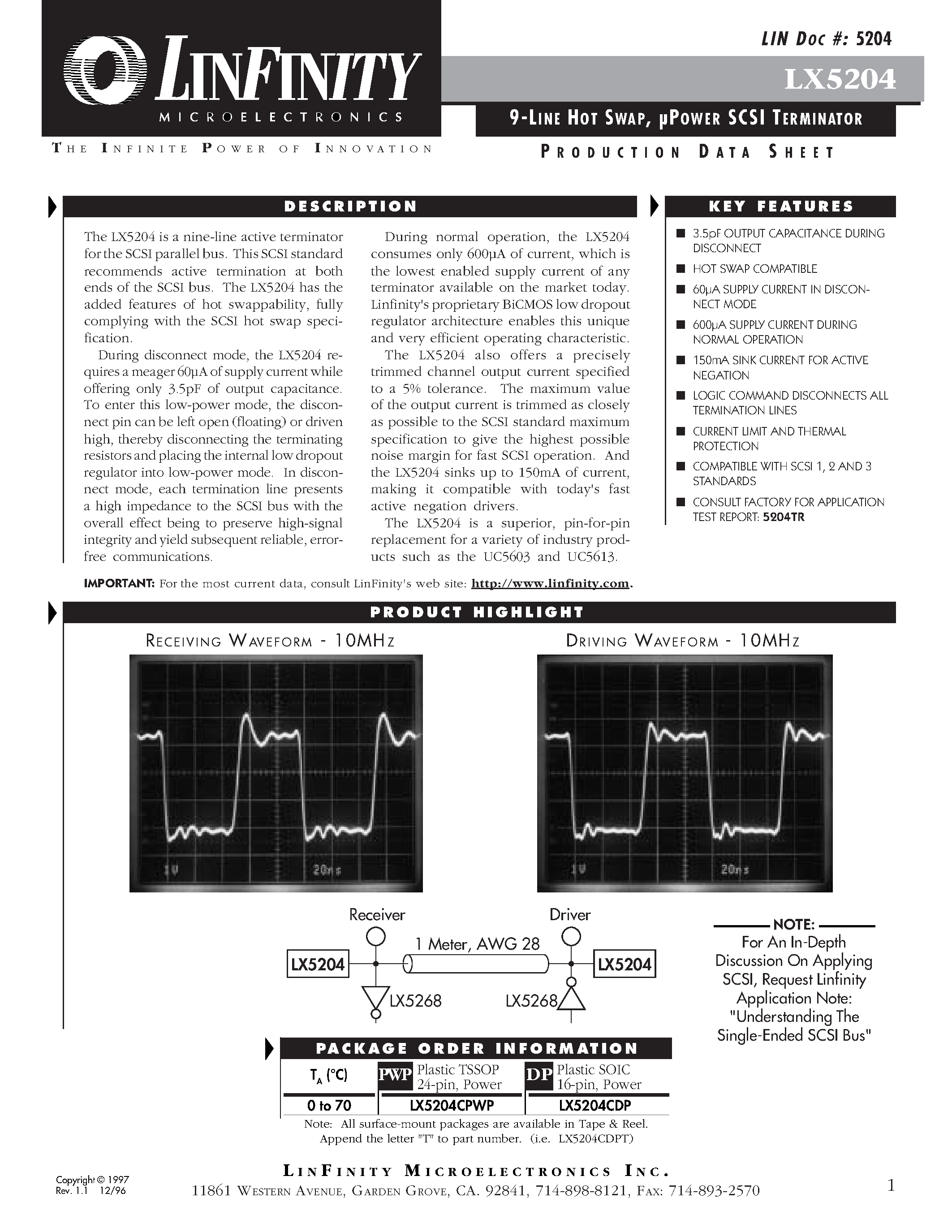 Datasheet LX5204CPWP - 9-LINE HOT SWAP/ POWER SCSI TERMINATOR page 1