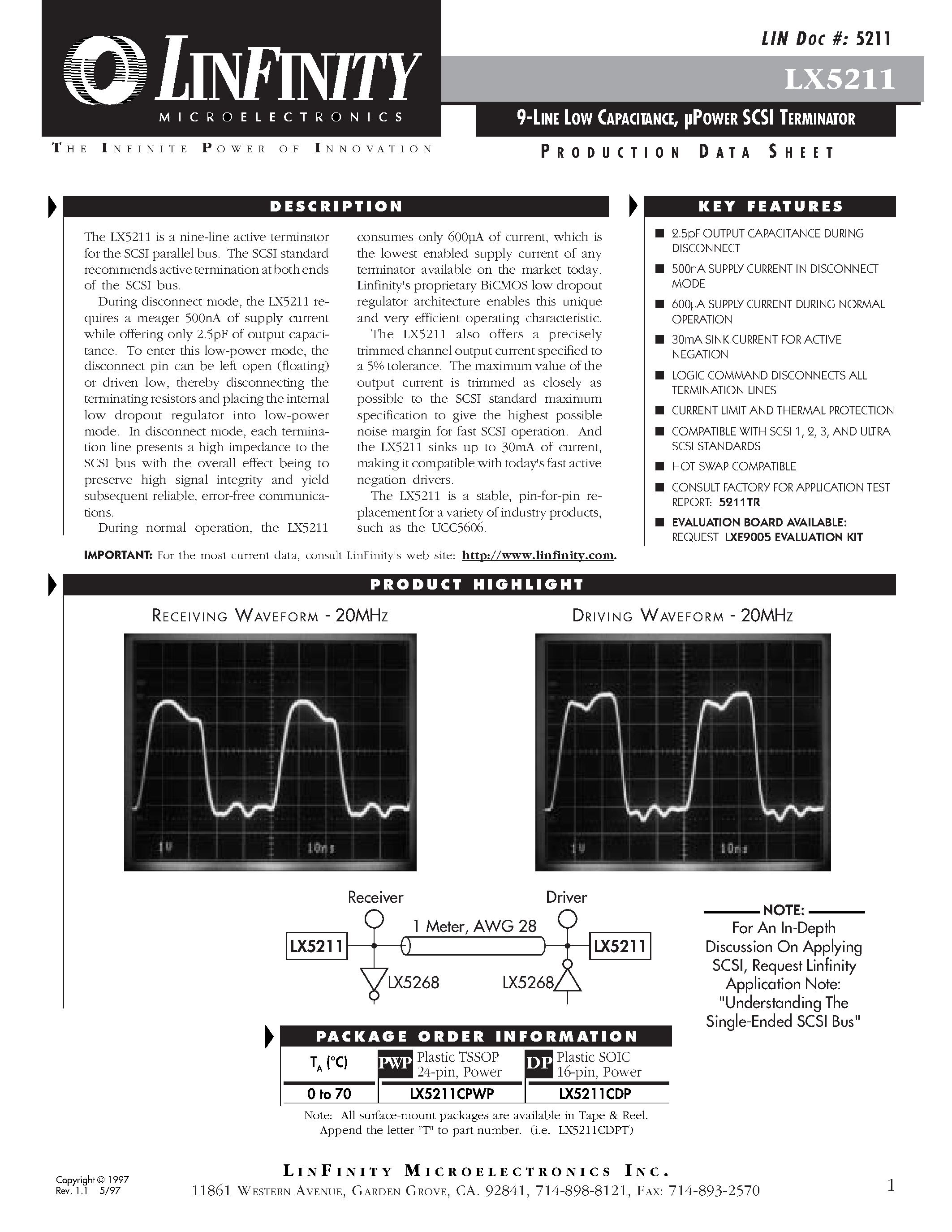 Datasheet LX5211CDP - 9-LINE LOW CAPACITANCE/ POWER SCSI TERMINATOR page 1