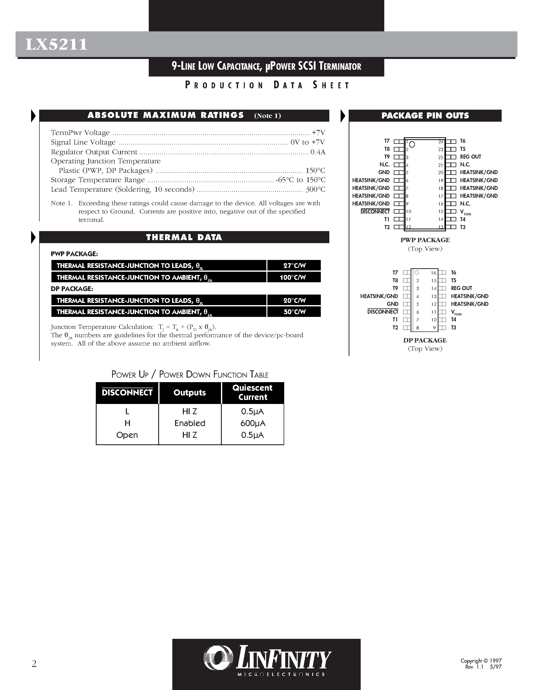 Datasheet LX5211CPWP - 9-LINE LOW CAPACITANCE/ POWER SCSI TERMINATOR page 2