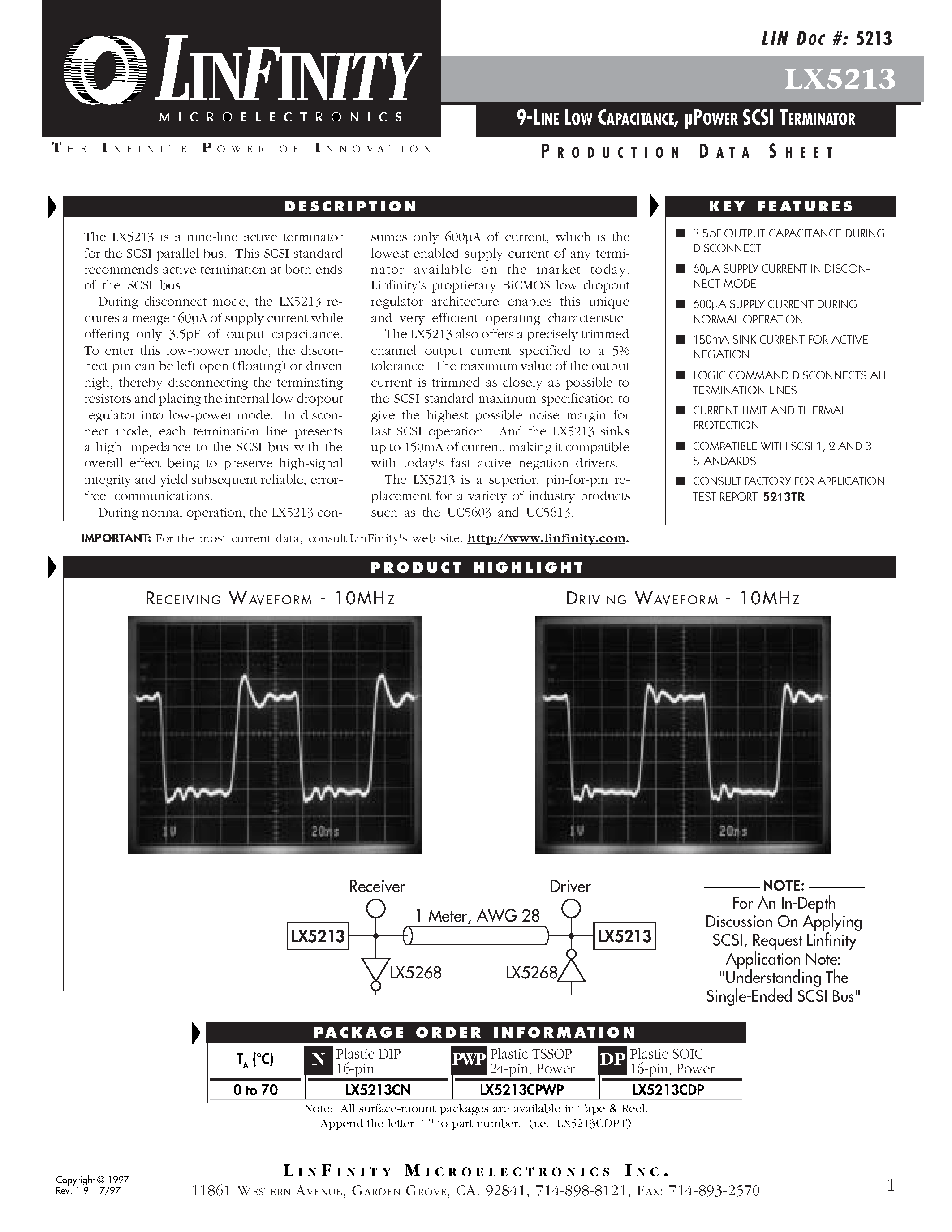 Datasheet LX5213CDP - 9-LINE LOW CAPACITANCE/ POWER SCSI TERMINATOR page 1