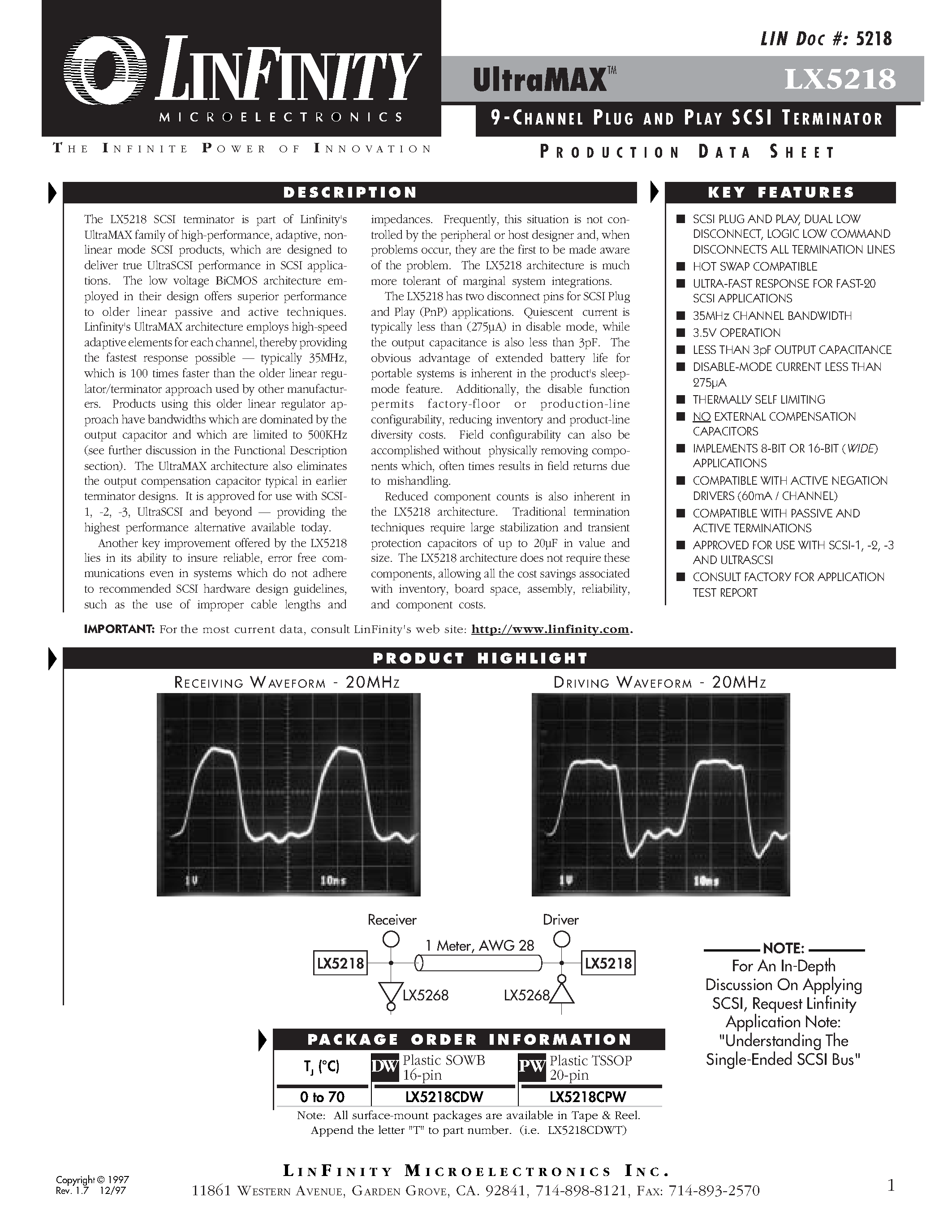 Datasheet LX5218 - 9-CHANNEL PLUG AND PLAY SCS I TERMINATOR page 1