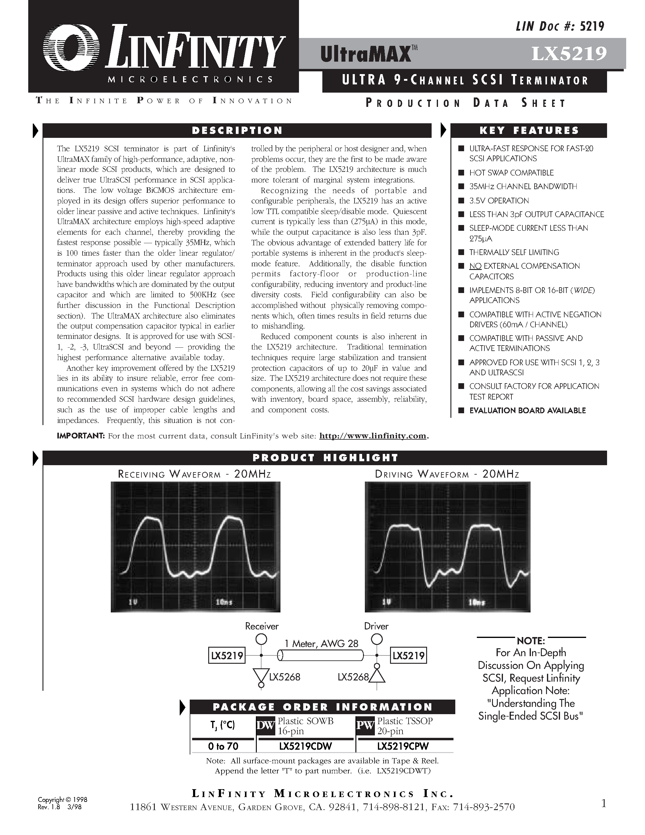 Datasheet LX5219 - ULTRA 9 - CHANNEL SCSI TERMINATOR page 1