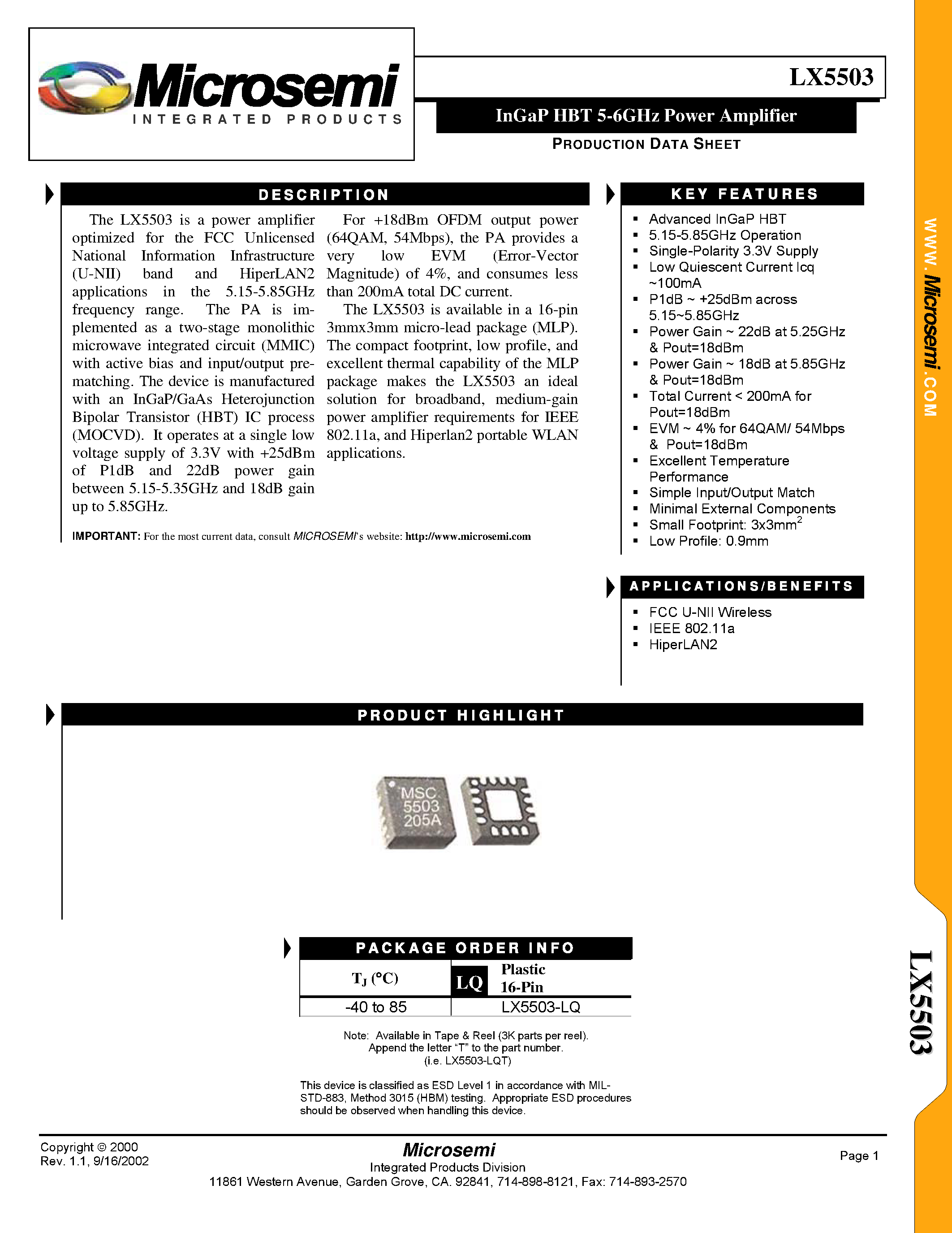 Datasheet LX5503 - InGaP HBT 5-6GHz Power Amplifier page 1