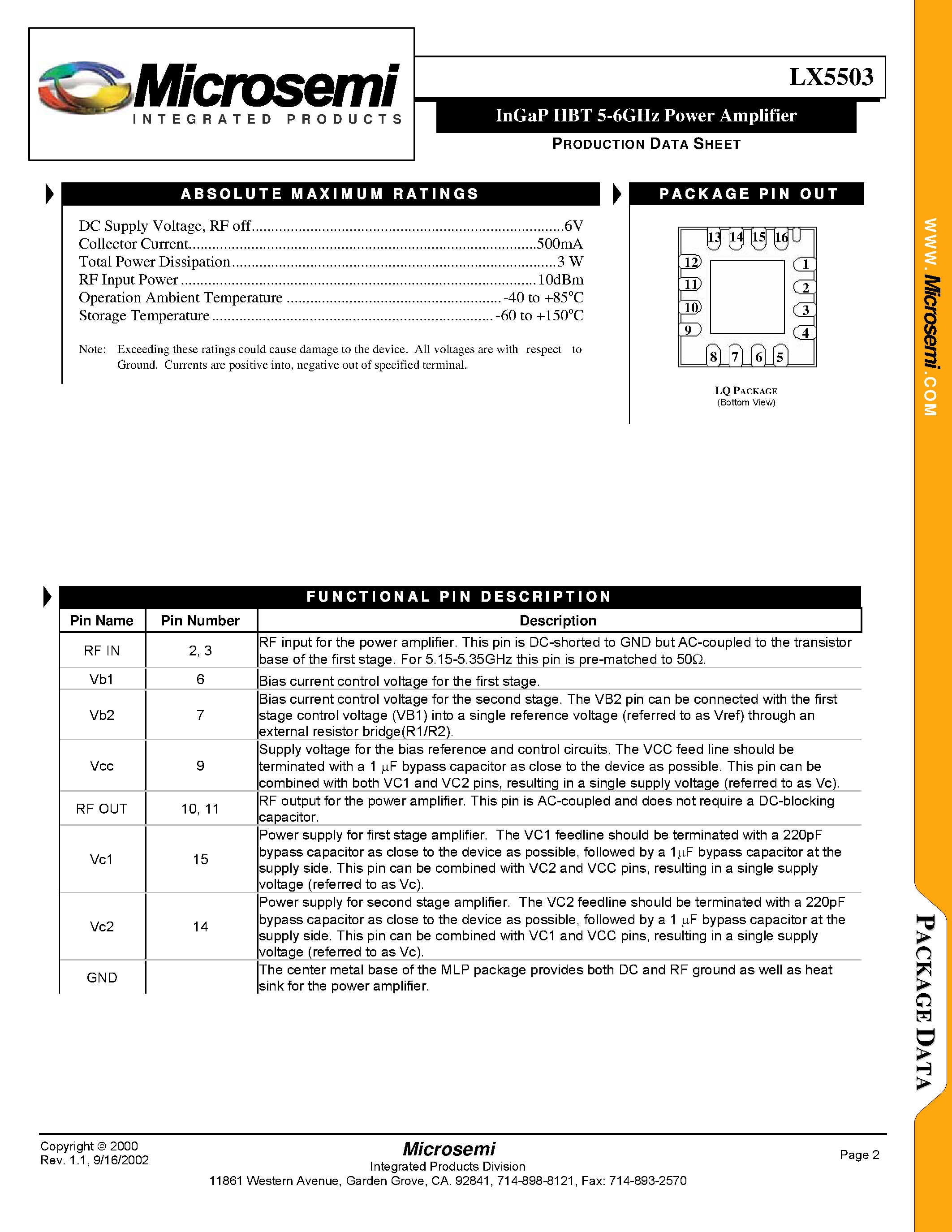 Datasheet LX5503-LQ - InGaP HBT 5-6GHz Power Amplifier page 2