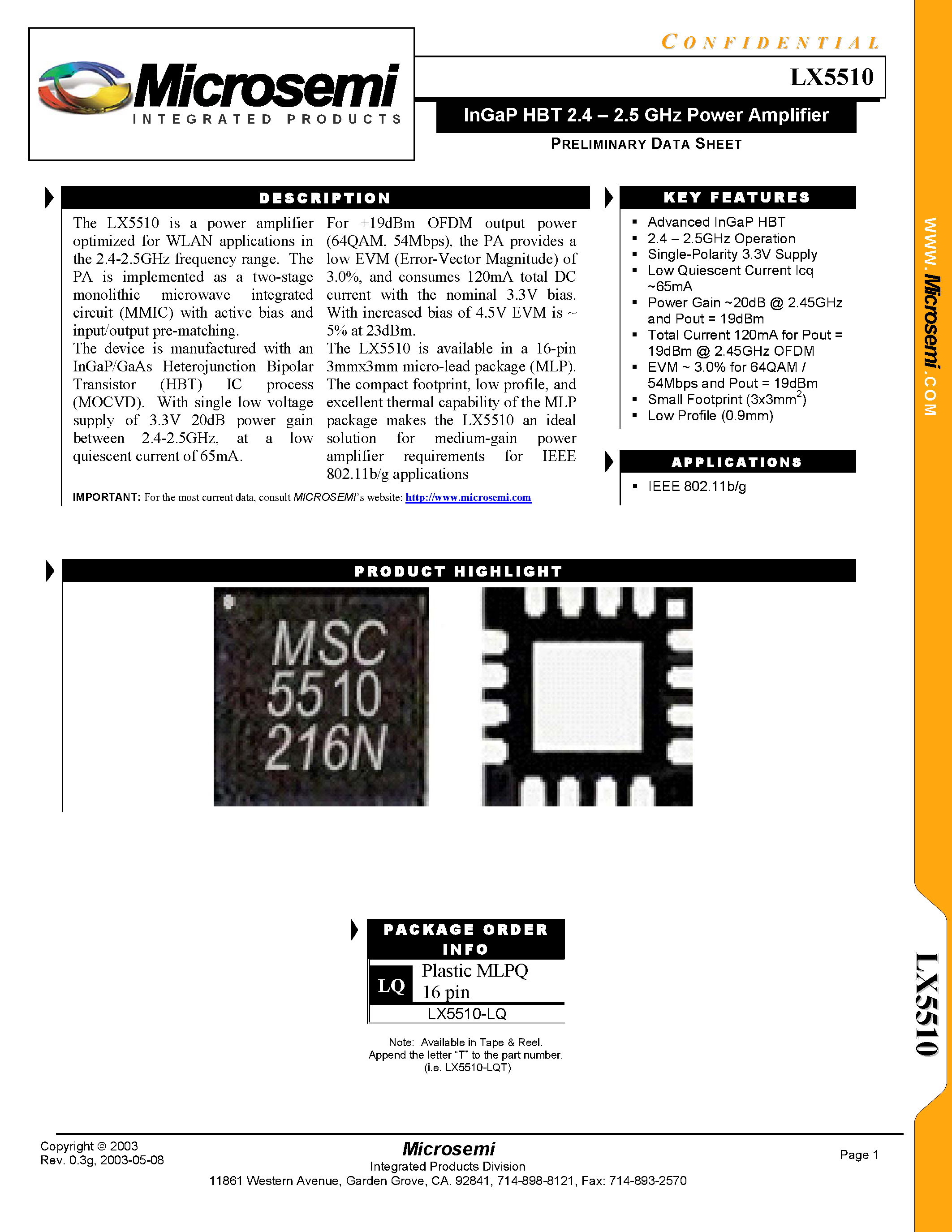 Datasheet LX5510 - InGaP HBT 2.4-2.5 GHz Power Amplifier page 1