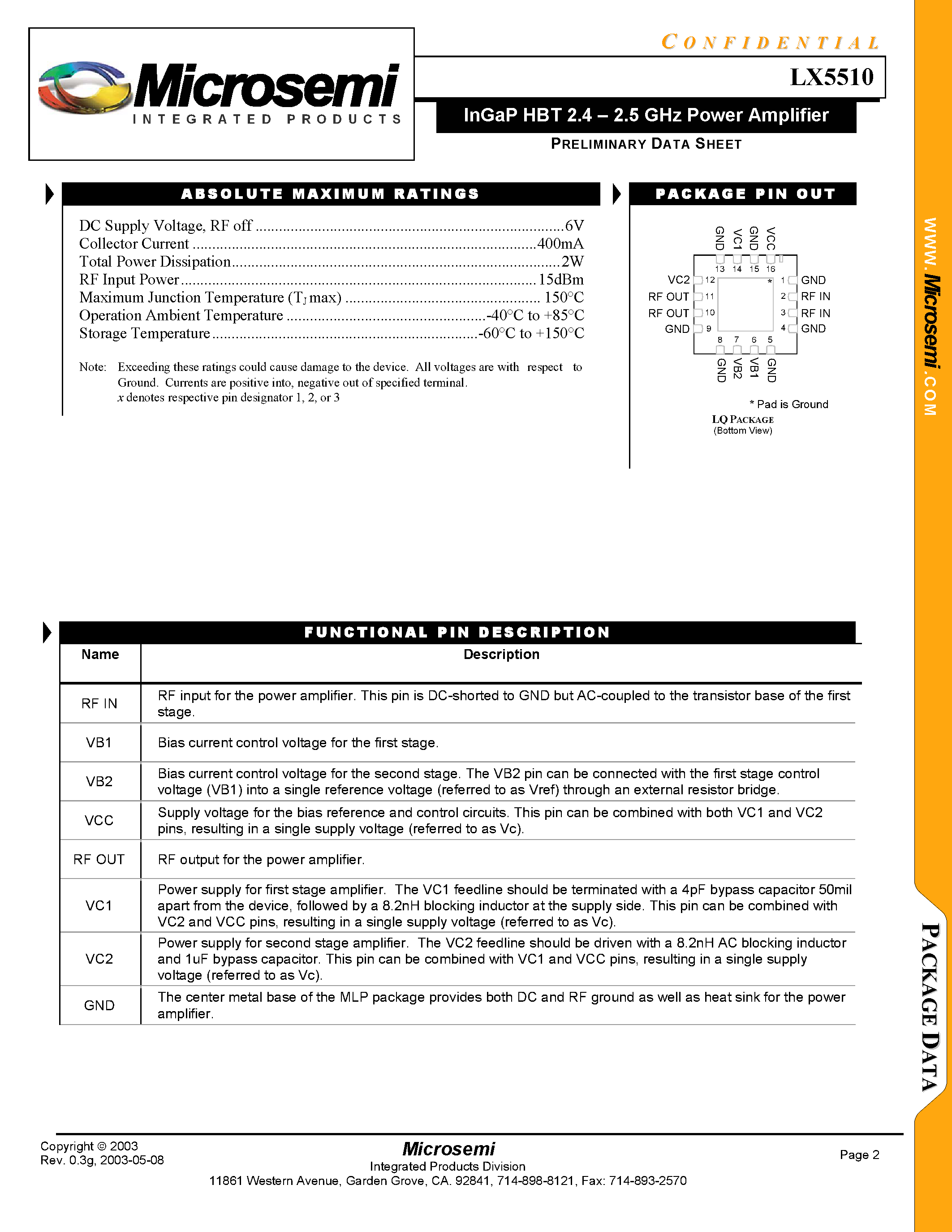 Даташит LX5510-LQ - InGaP HBT 2.4-2.5 GHz Power Amplifier страница 2