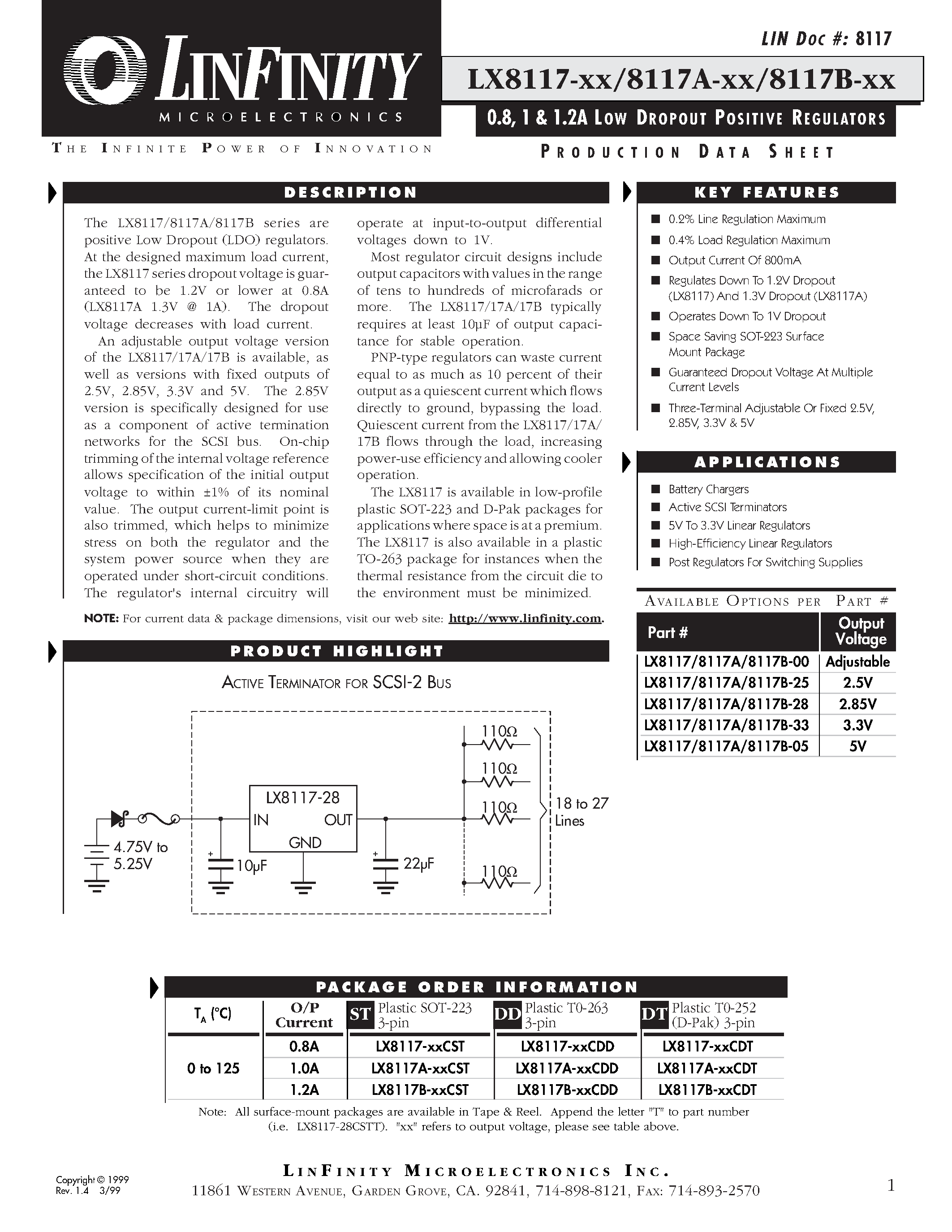 Datasheet LX8117-28 - 0.8/ 1 & 1.2A LOW DROPOUT POSITIVE REGULATORS page 1