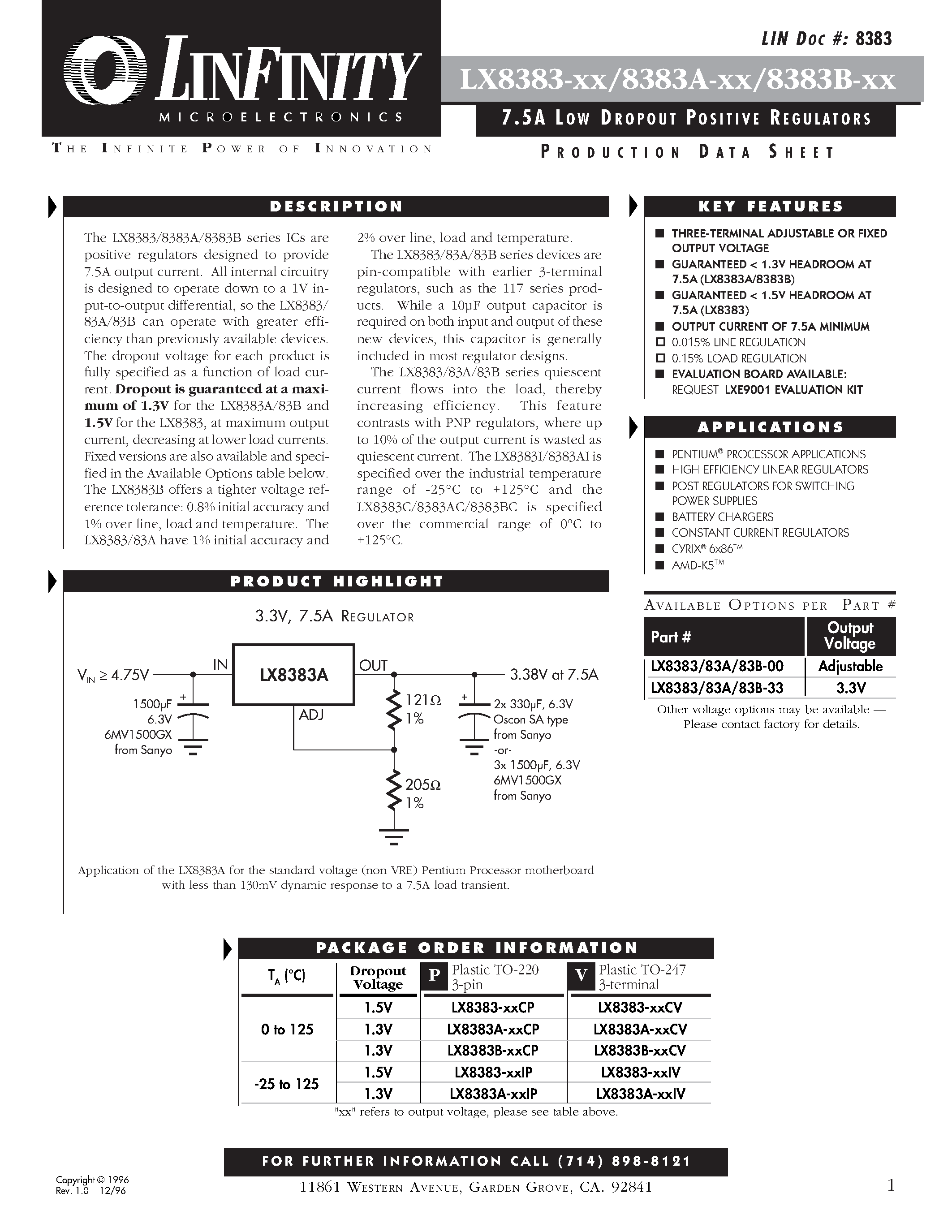 Даташит на микросхему LX8383B-00 страница 1 Даташит LX8383B-00 - 7.5 A LOW DROPOUT POSITIVE REGULATORS страница 1
