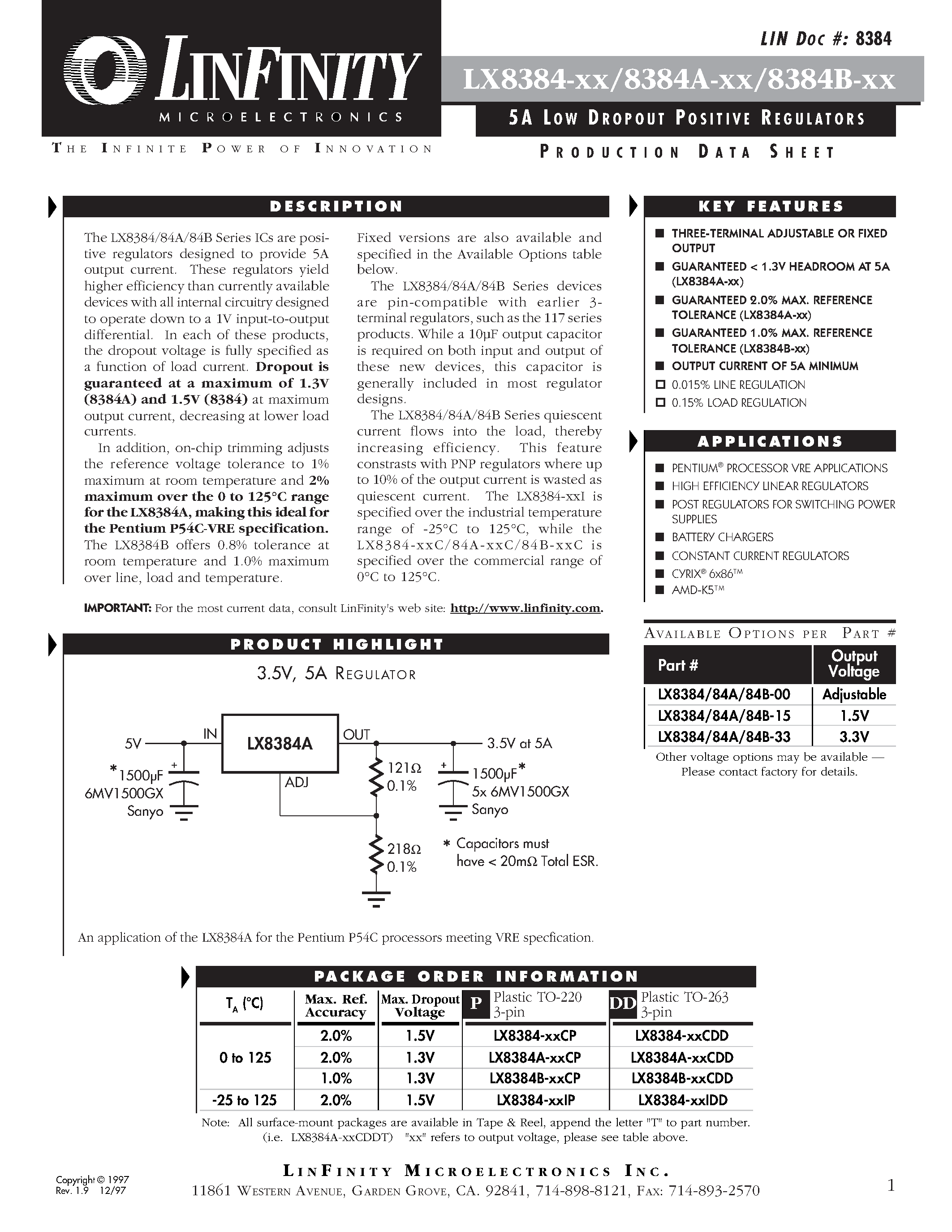 Даташит на микросхему LX8384-00CP страница 1 Даташит LX8384-00CP - 5A LOW DROPOUT POSITIVE REGULATORS страница 1