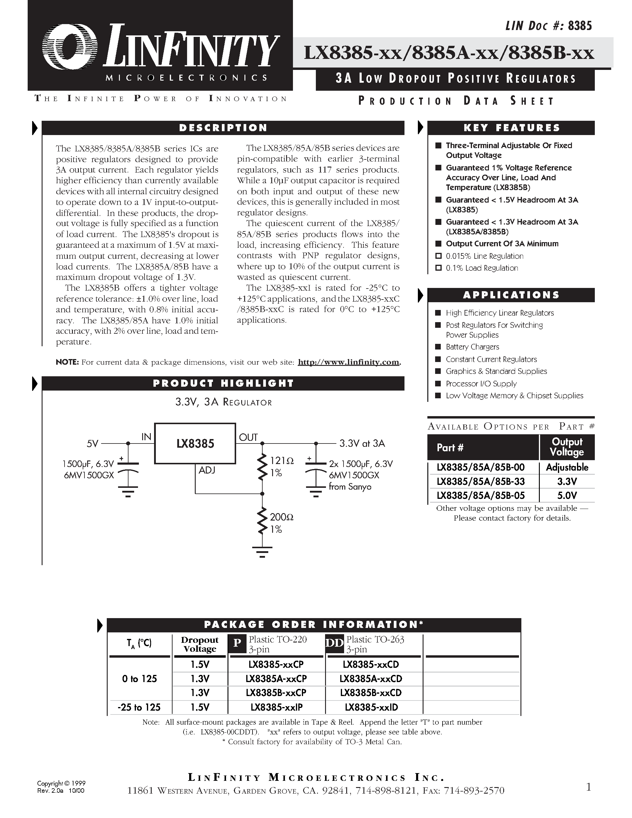 Datasheet LX8385-05 page 1 Datasheet LX8385-05 - 3 A LOW DROPOUT POSITIVE REGULATORS page 1