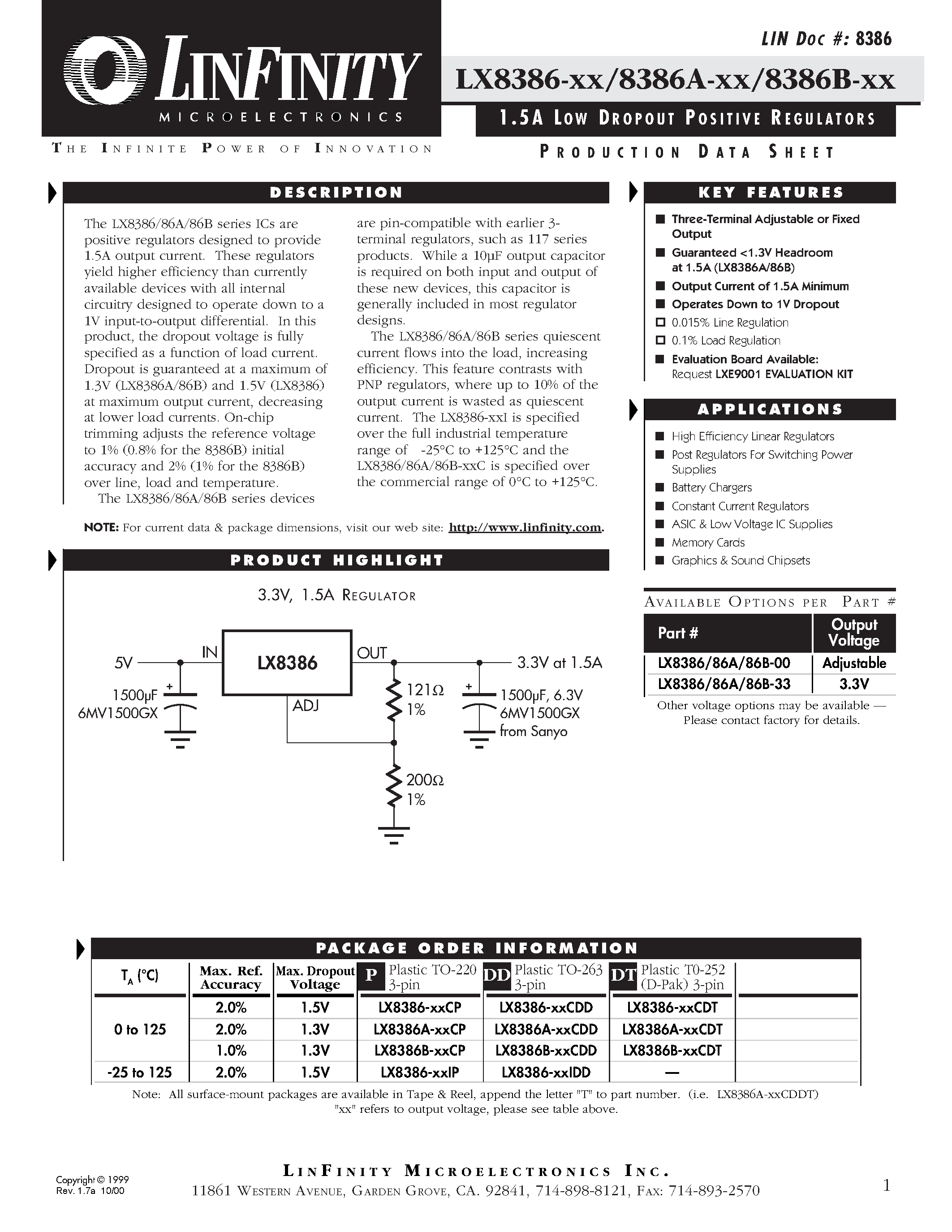 Datasheet LX8386-33IP - 1.5 A LOW DROPOUT POSITIVE REGULATORS page 1