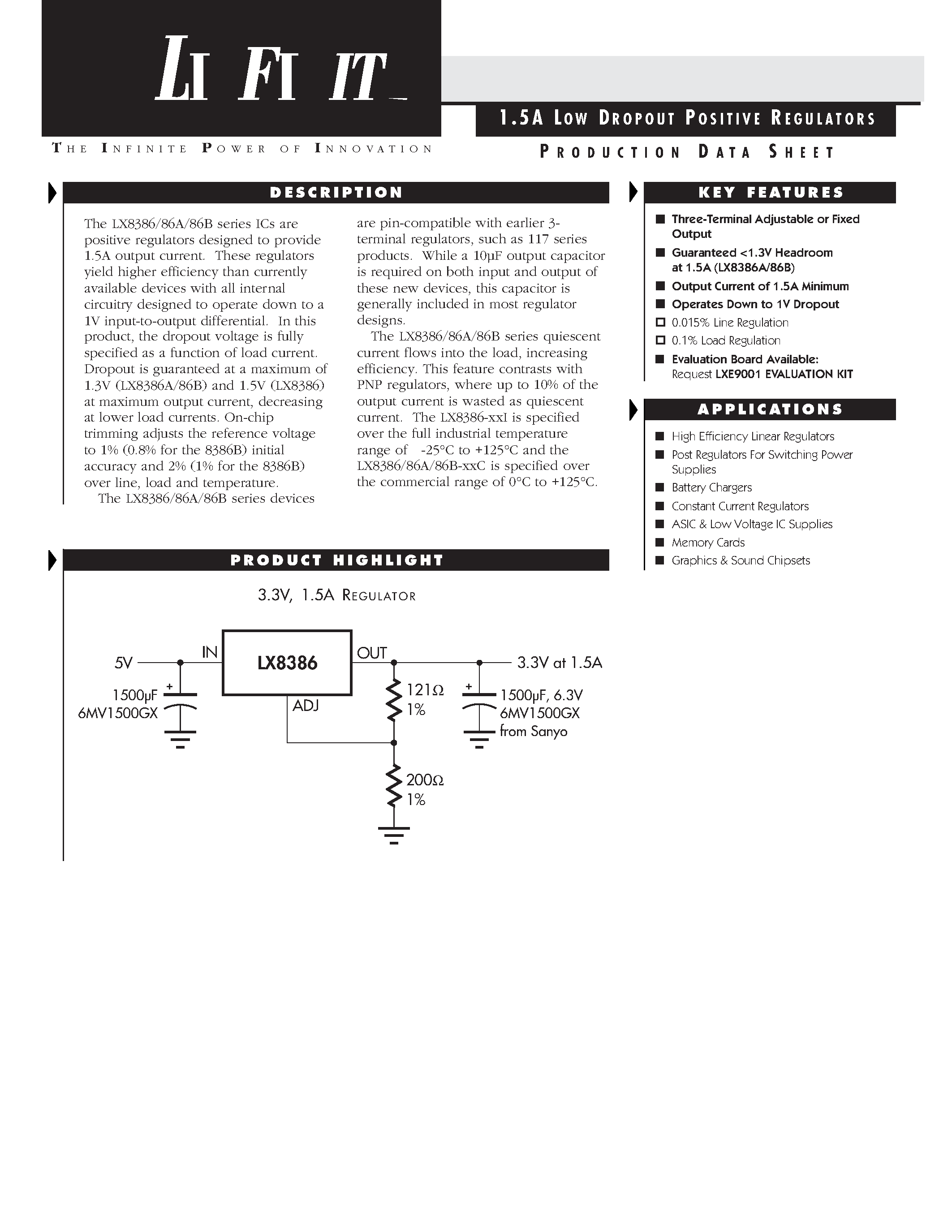 Datasheet LX8386A-33CDD - 1.5 A LOW DROPOUT POSITIVE REGULATORS page 1