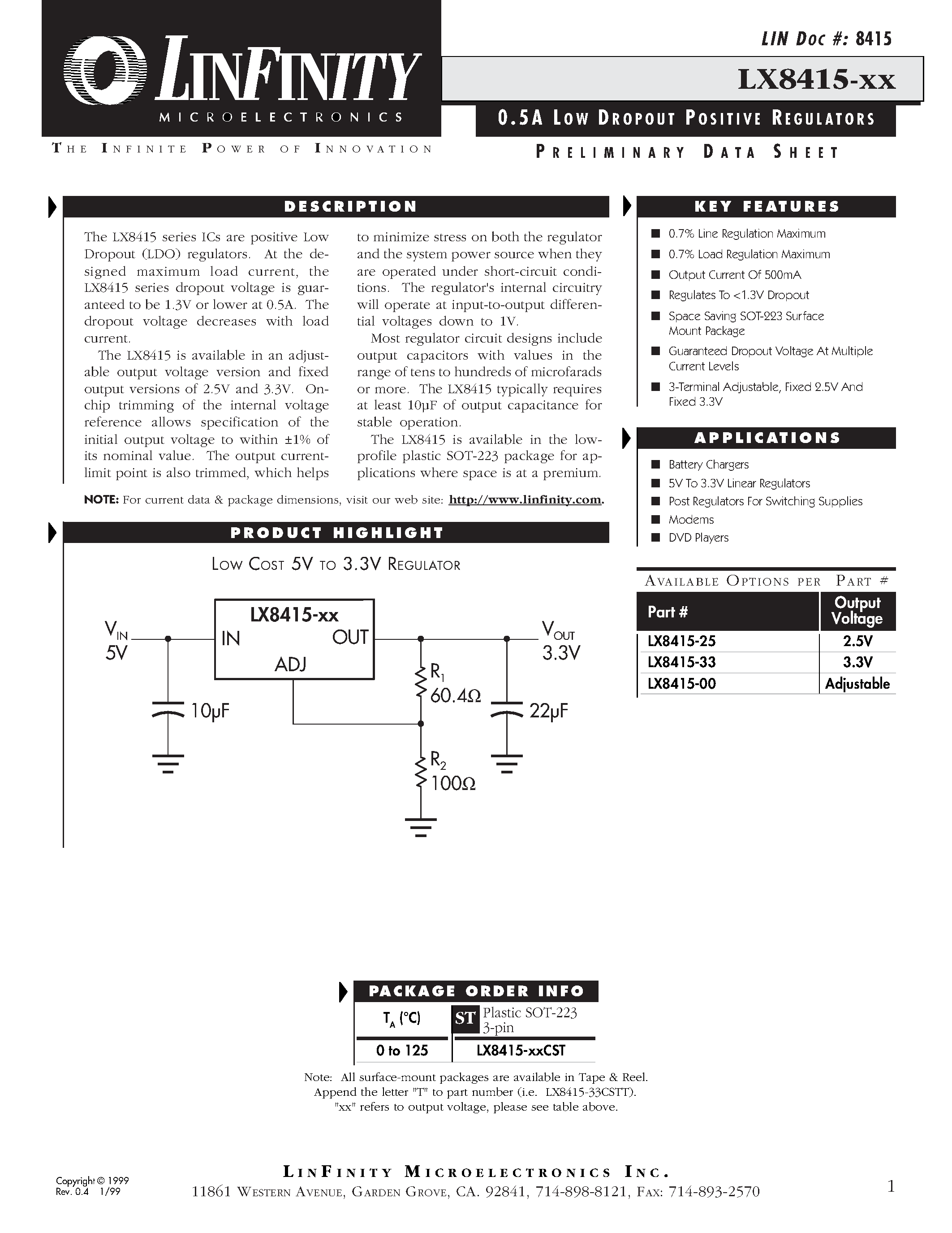 Datasheet LX8415-25 - 0.5 A LOW DROPOUT POSITIVE REGULATORS page 1