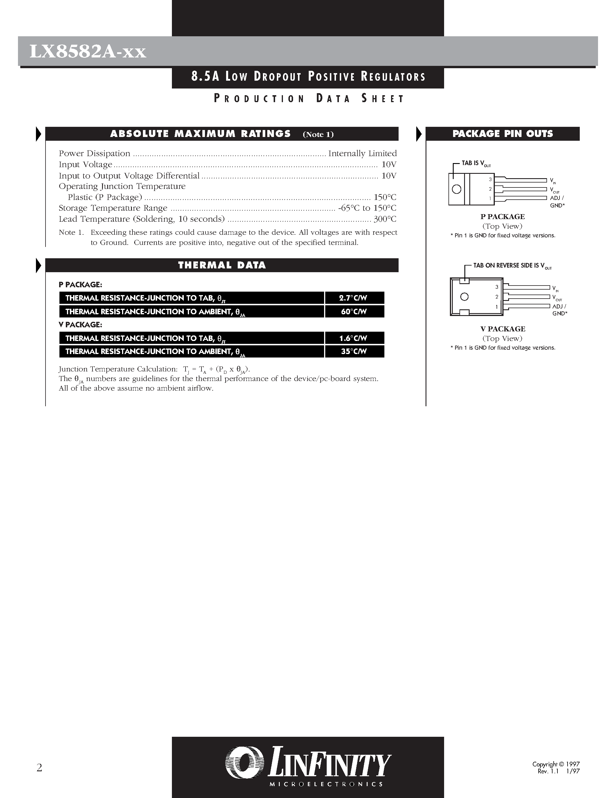 Datasheet LX8582A-33 - 8.5A LOW DROPOUT POSITIVE REGULATORS page 2