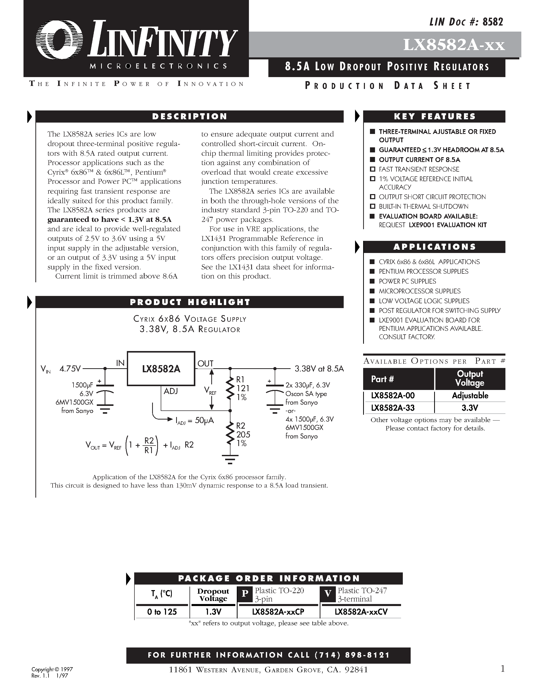 Datasheet LX8582A-33CP - 8.5A LOW DROPOUT POSITIVE REGULATORS page 1