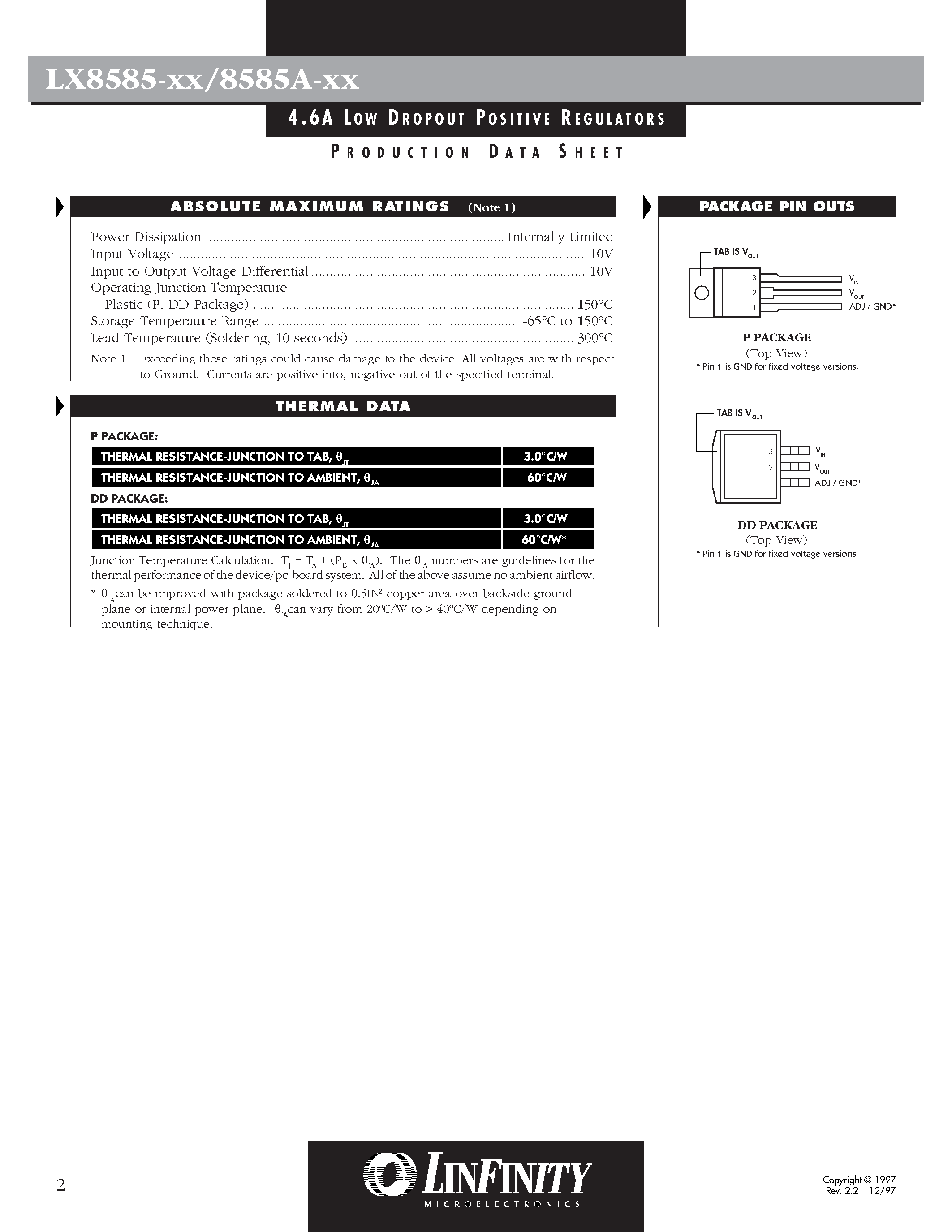 Datasheet LX8585-15CP - 4.6A LOW DROPOUT POSITIVE REGULATORS page 2