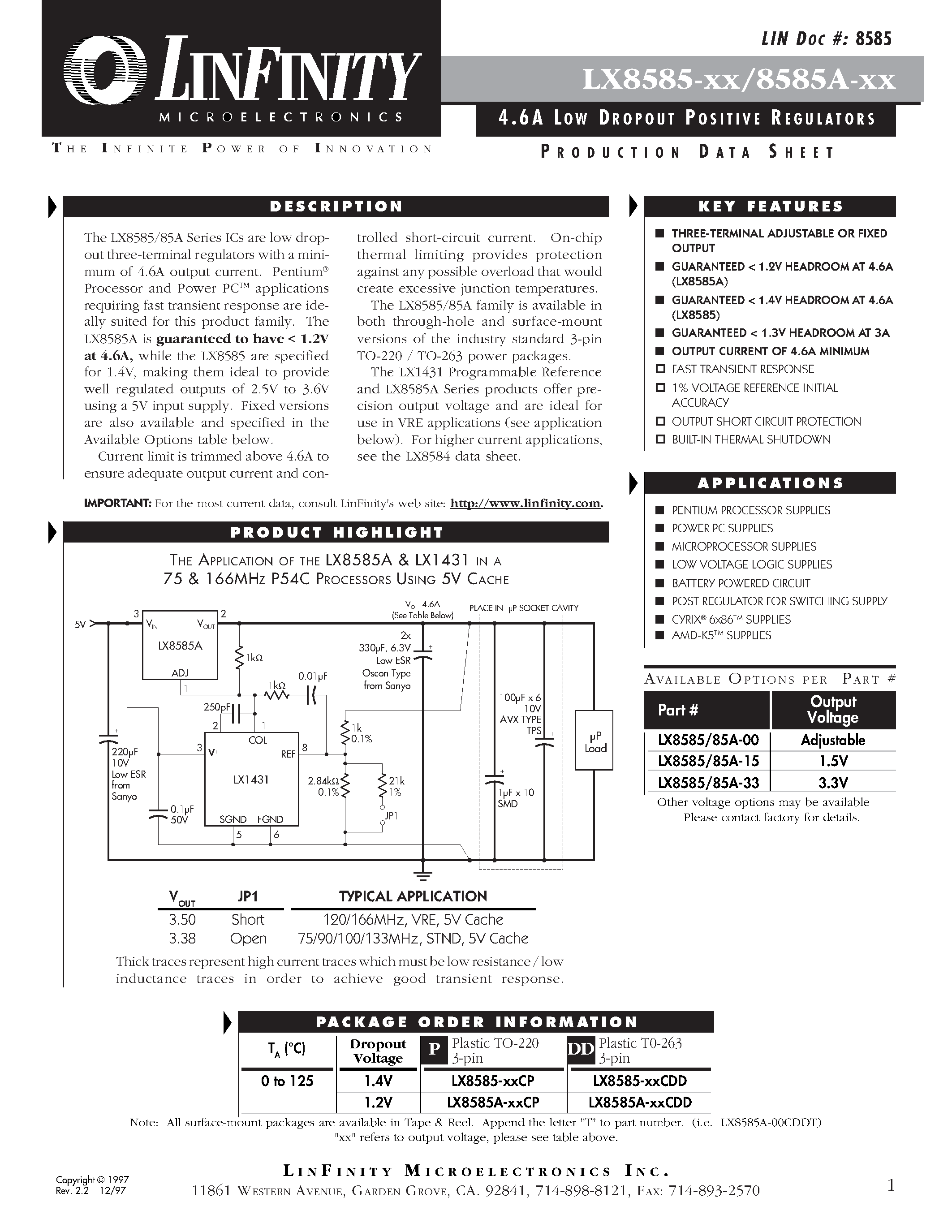 Datasheet LX8585A-33CP page 1 Datasheet LX8585A-33CP - 4.6A LOW DROPOUT POSITIVE REGULATORS page 1