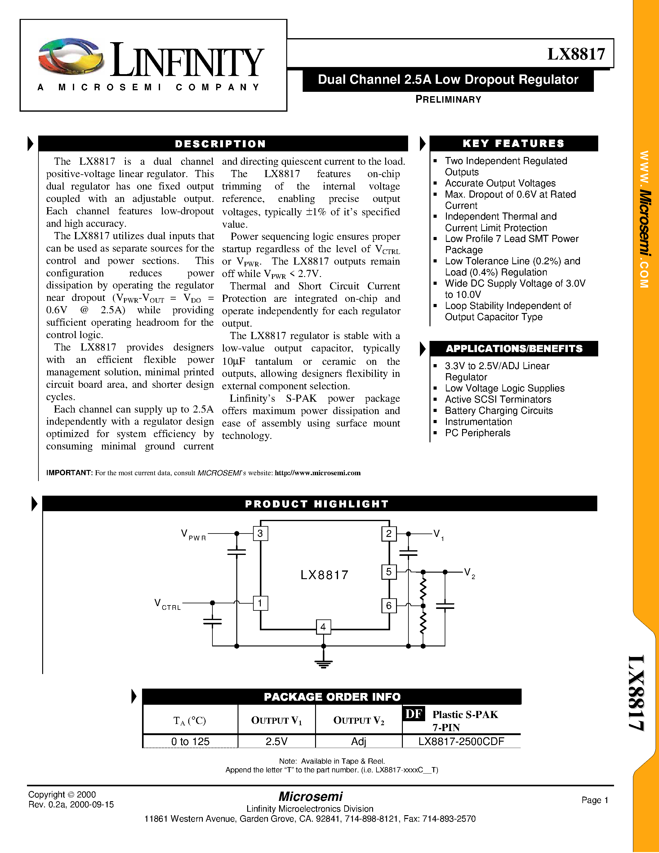 Даташит LX8817 - Dual Channel 2.5A Low Dropout Regulator страница 1