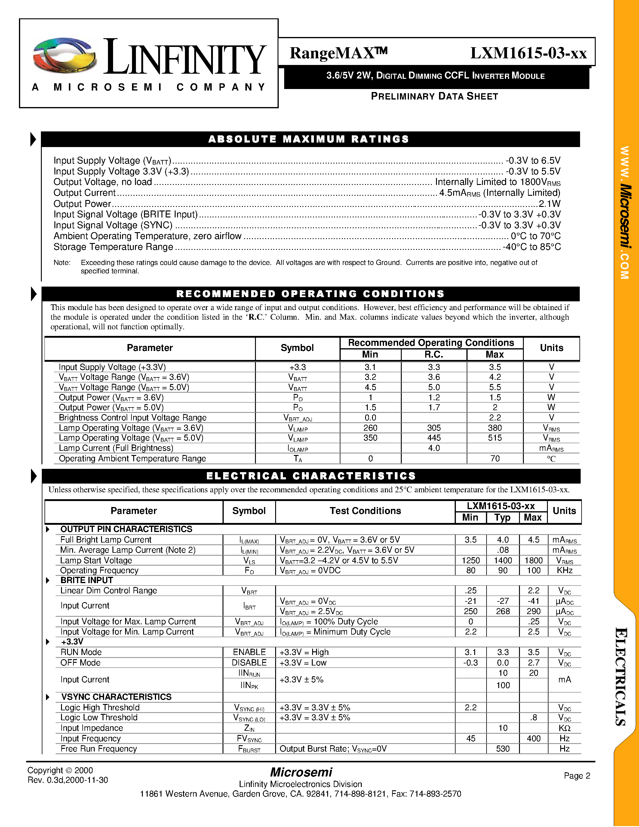 Datasheet LXM1615-03-01 - 3.6/5V 2W/ DIGITAL DIMMING CCFL INVERTER MODULE page 2
