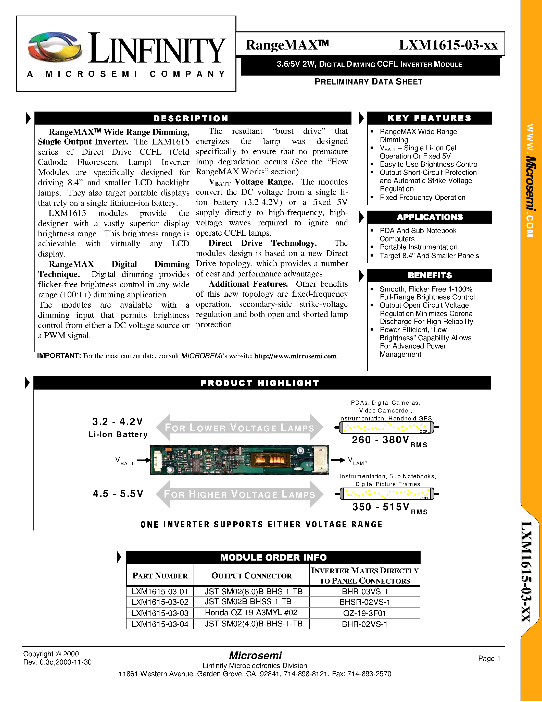 Datasheet LXM1615-03-04 - 3.6/5V 2W/ DIGITAL DIMMING CCFL INVERTER MODULE page 1