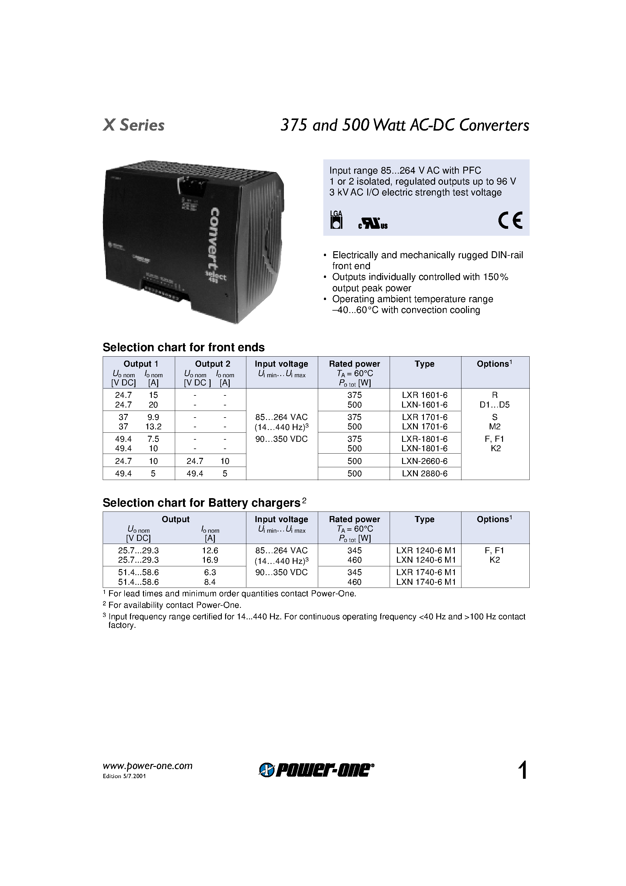 Datasheet LXN-2660-6 page 1 Datasheet LXN-2660-6 - 375 and 500 Watt AC-DC Converters page 1