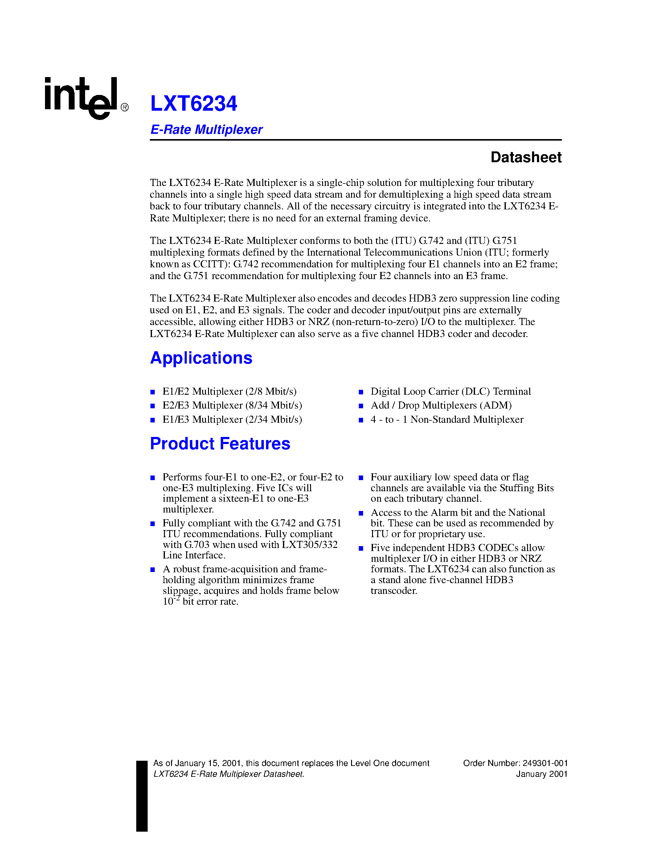 Datasheet LXT6234 - E-Rate Multiplexer page 1