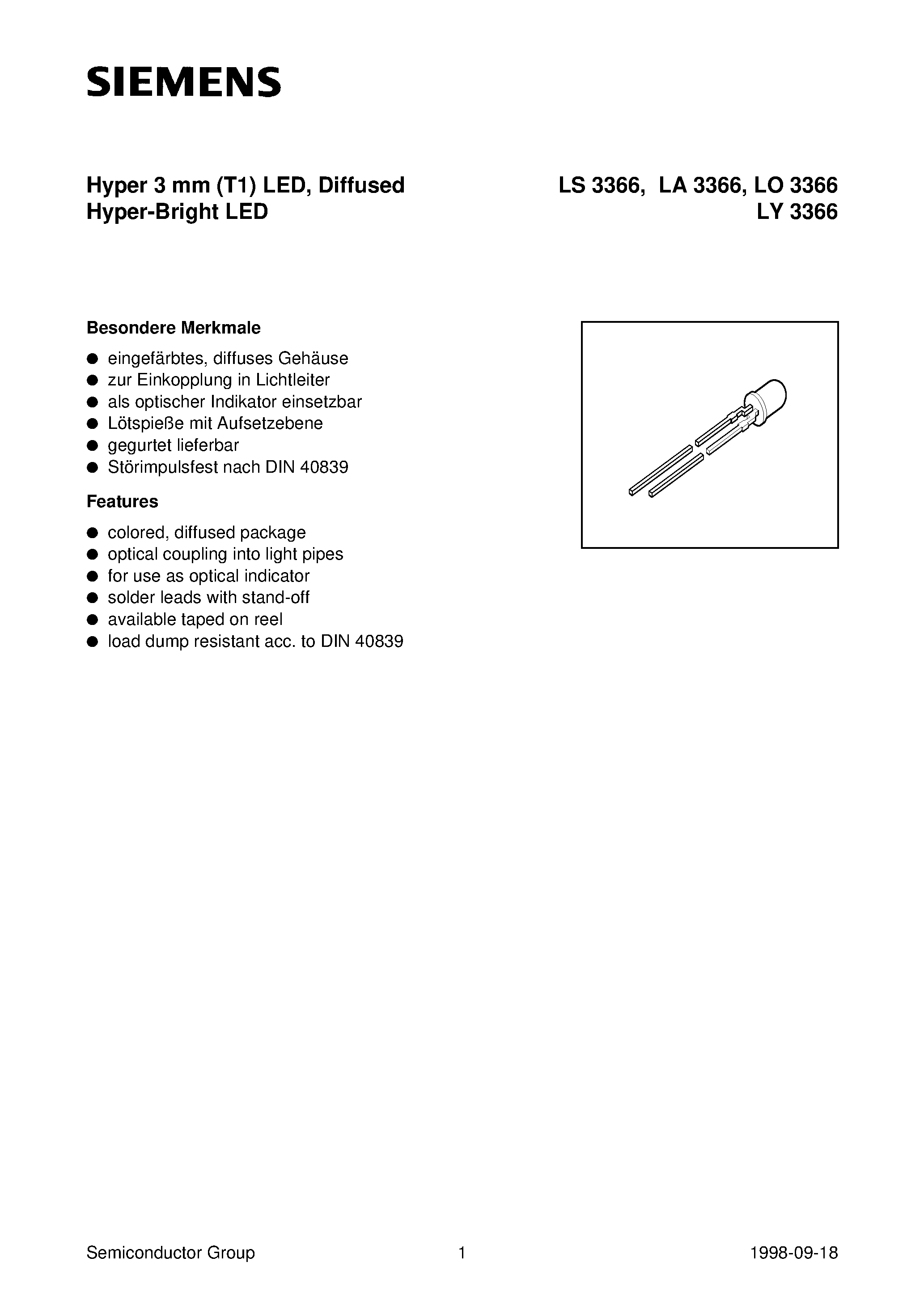 Datasheet LY3366-S - Hyper 3 mm T1 LED/ Diffused Hyper-Bright LED page 1