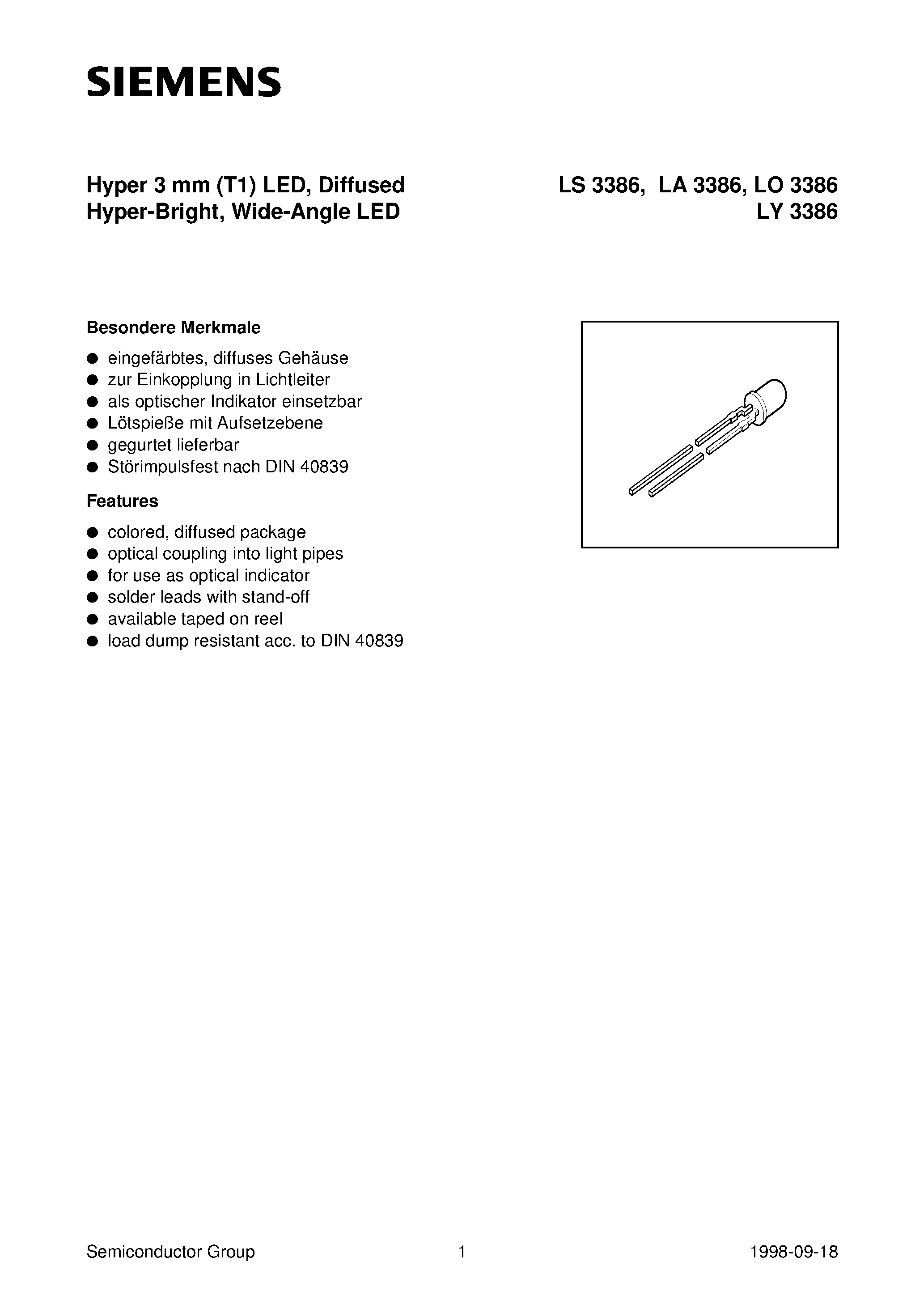 Даташит LY3386-N - Hyper 3 mm T1 LED/ Diffused Hyper-Bright/ Wide-Angle LED страница 1